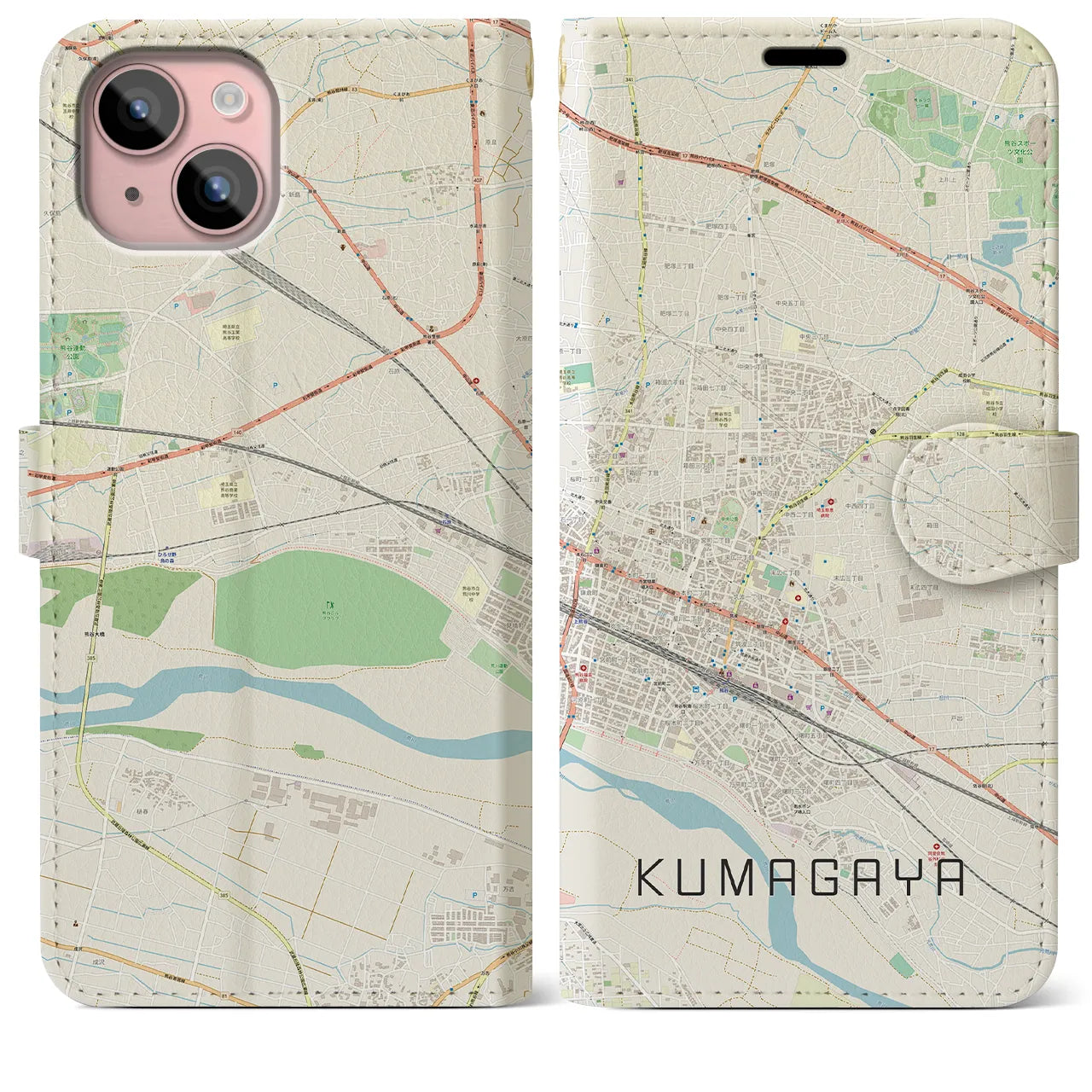 【熊谷(埼玉県)】地図柄iPhoneケース(手帳タイプ)ナチュラル・iPhone 15 Plus 用