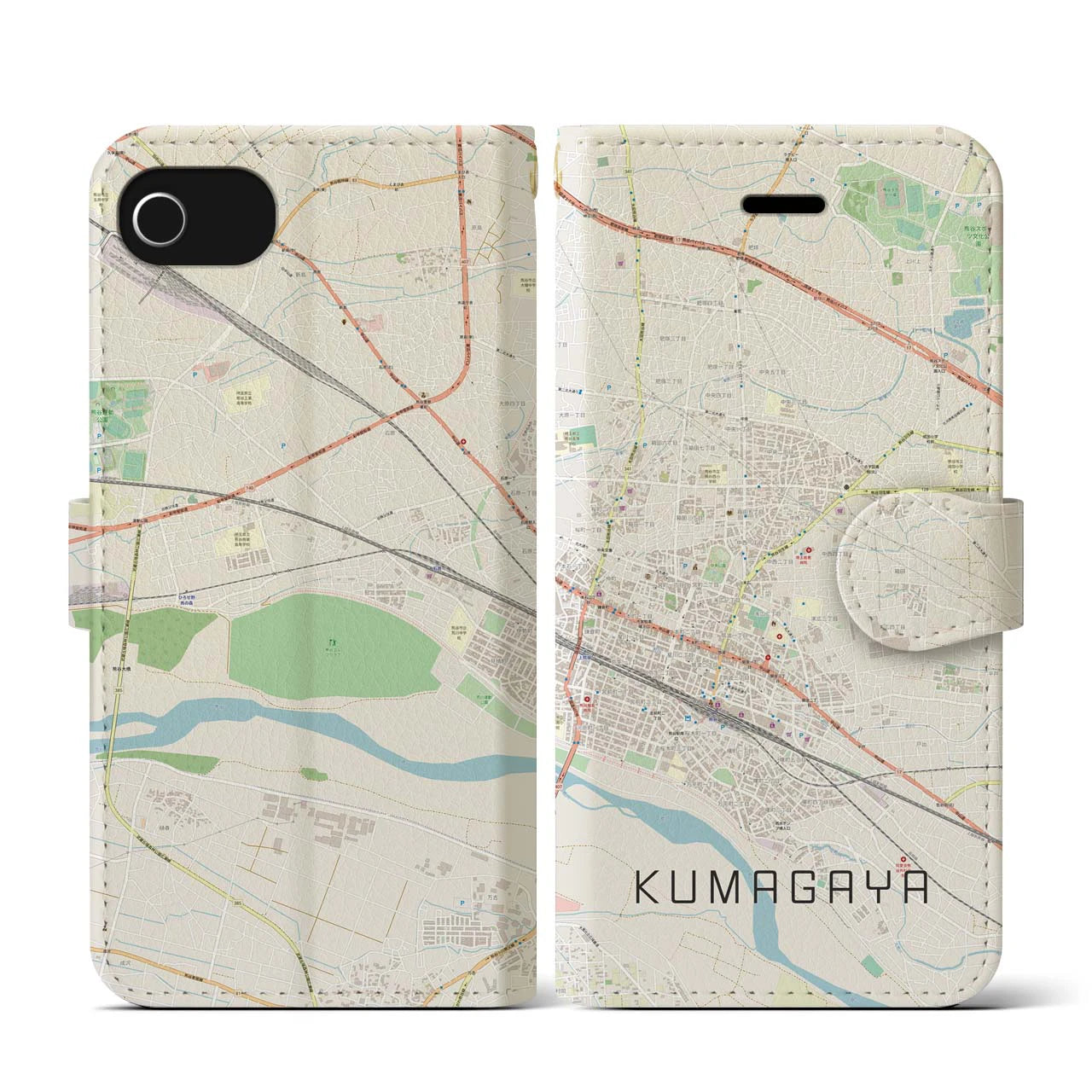 【熊谷(埼玉県)】地図柄iPhoneケース(手帳タイプ)ナチュラル・iPhone SE(第3 / 第2世代) / 8 / 7 / 6s / 6 用