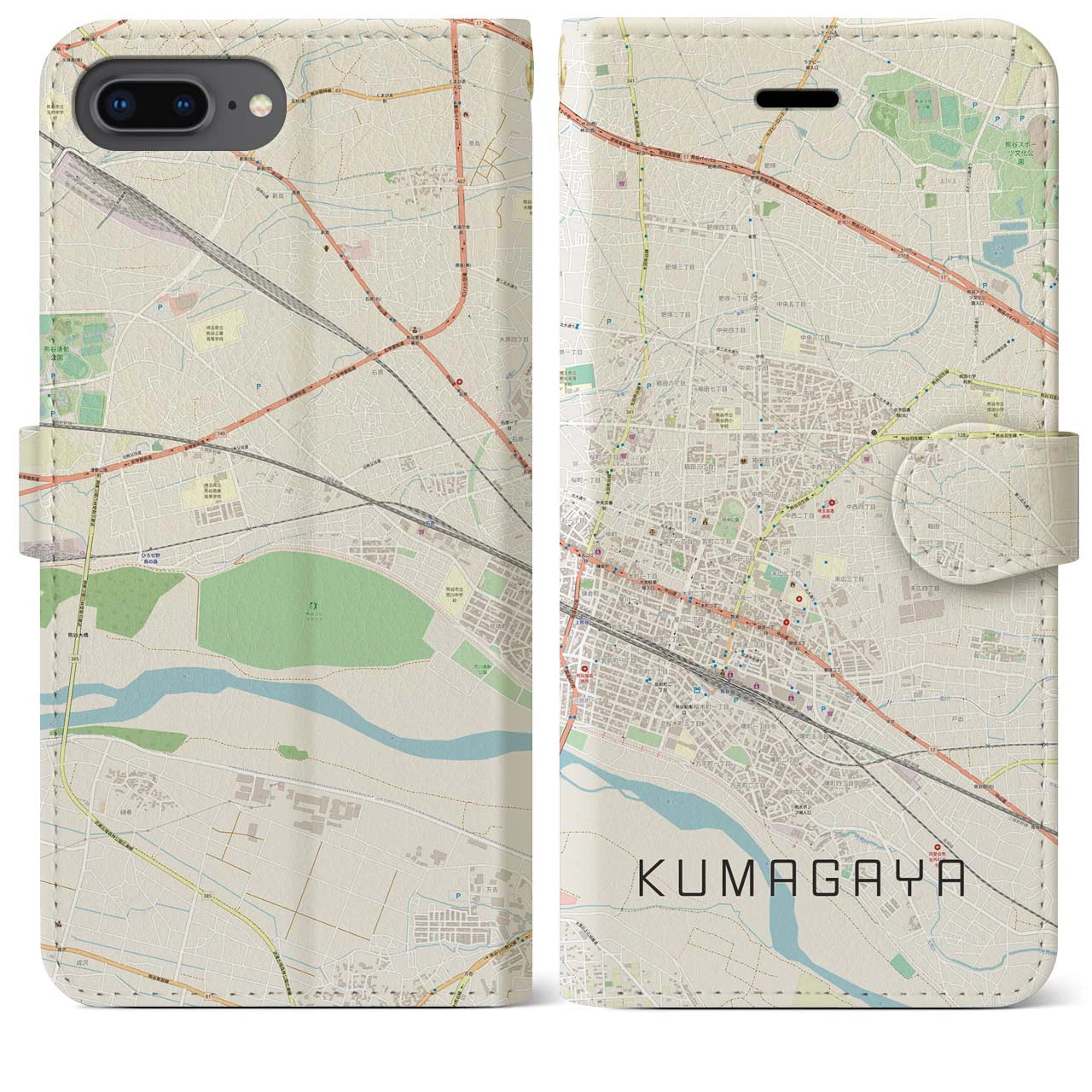 【熊谷(埼玉県)】地図柄iPhoneケース(手帳タイプ)ナチュラル・iPhone 8Plus /7Plus / 6sPlus / 6Plus 用