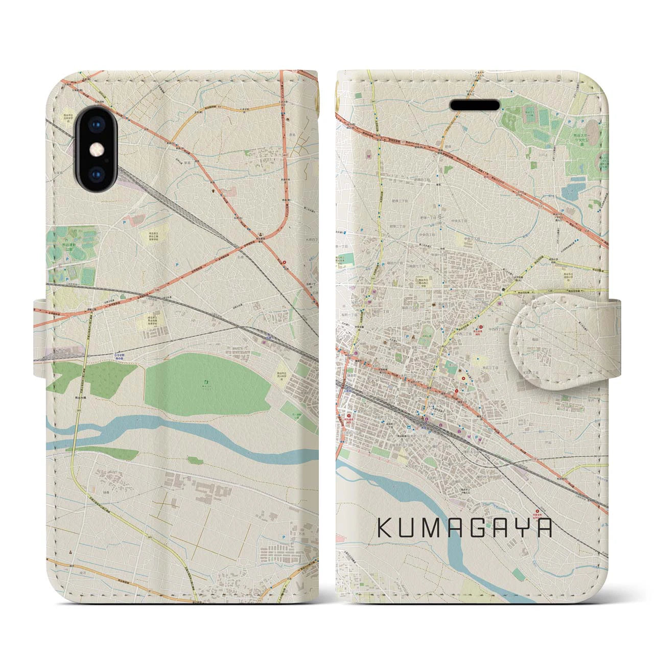 【熊谷(埼玉県)】地図柄iPhoneケース(手帳タイプ)ナチュラル・iPhone XS / X 用