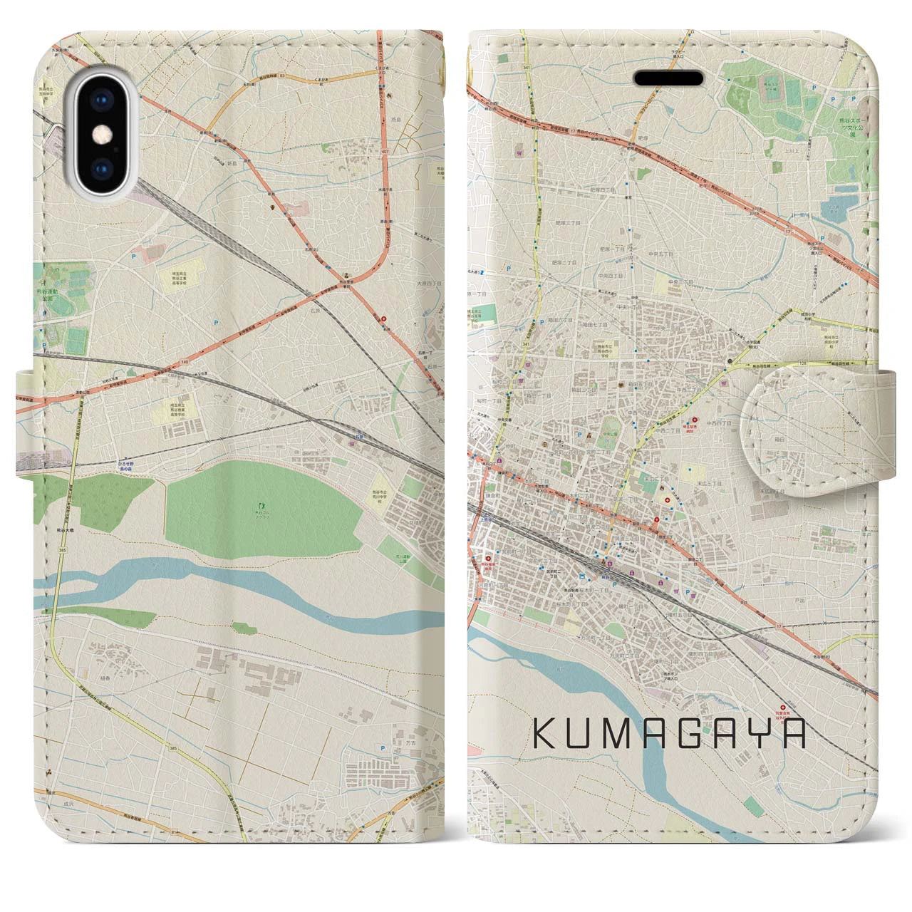 【熊谷(埼玉県)】地図柄iPhoneケース(手帳タイプ)ナチュラル・iPhone XS Max 用
