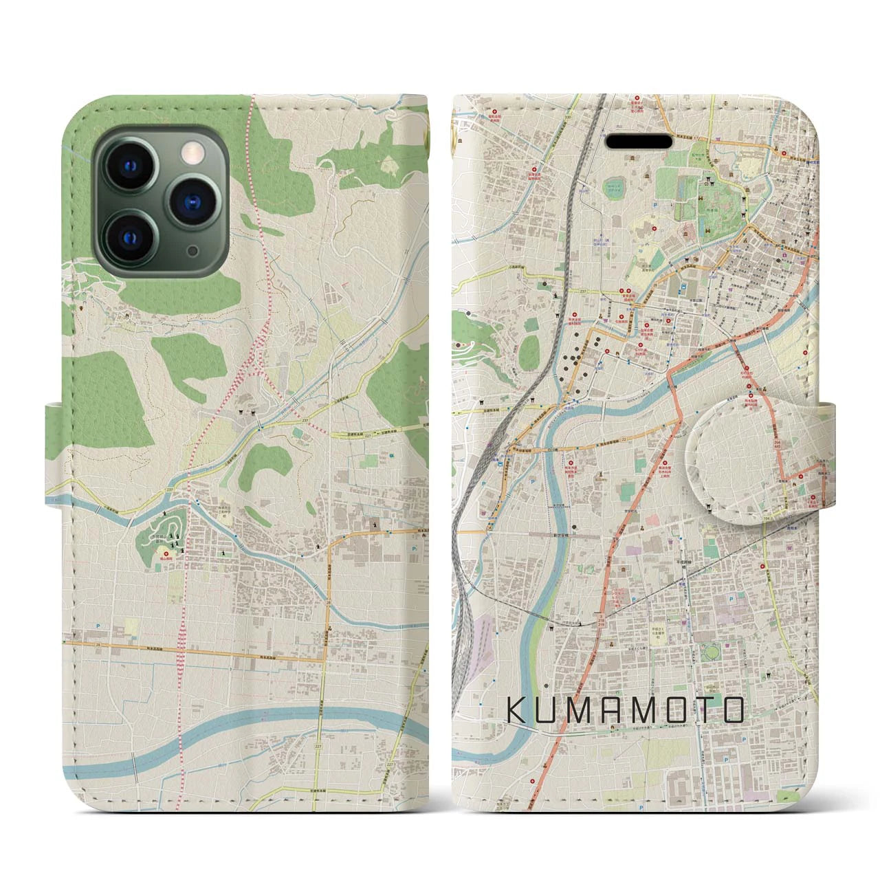 【熊本(熊本県)】地図柄iPhoneケース(手帳タイプ)ナチュラル・iPhone 11 Pro 用