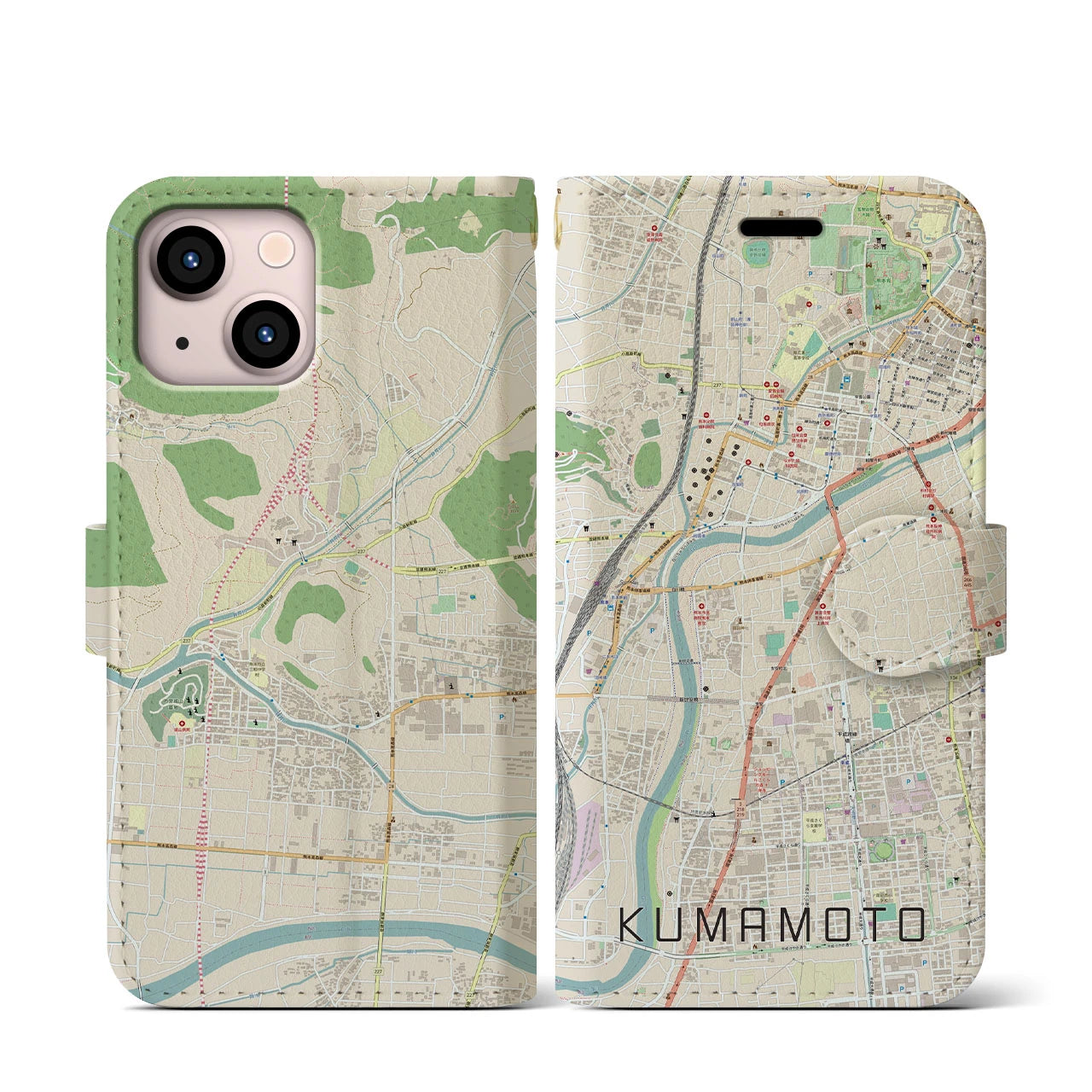 【熊本(熊本県)】地図柄iPhoneケース(手帳タイプ)ナチュラル・iPhone 13 mini 用