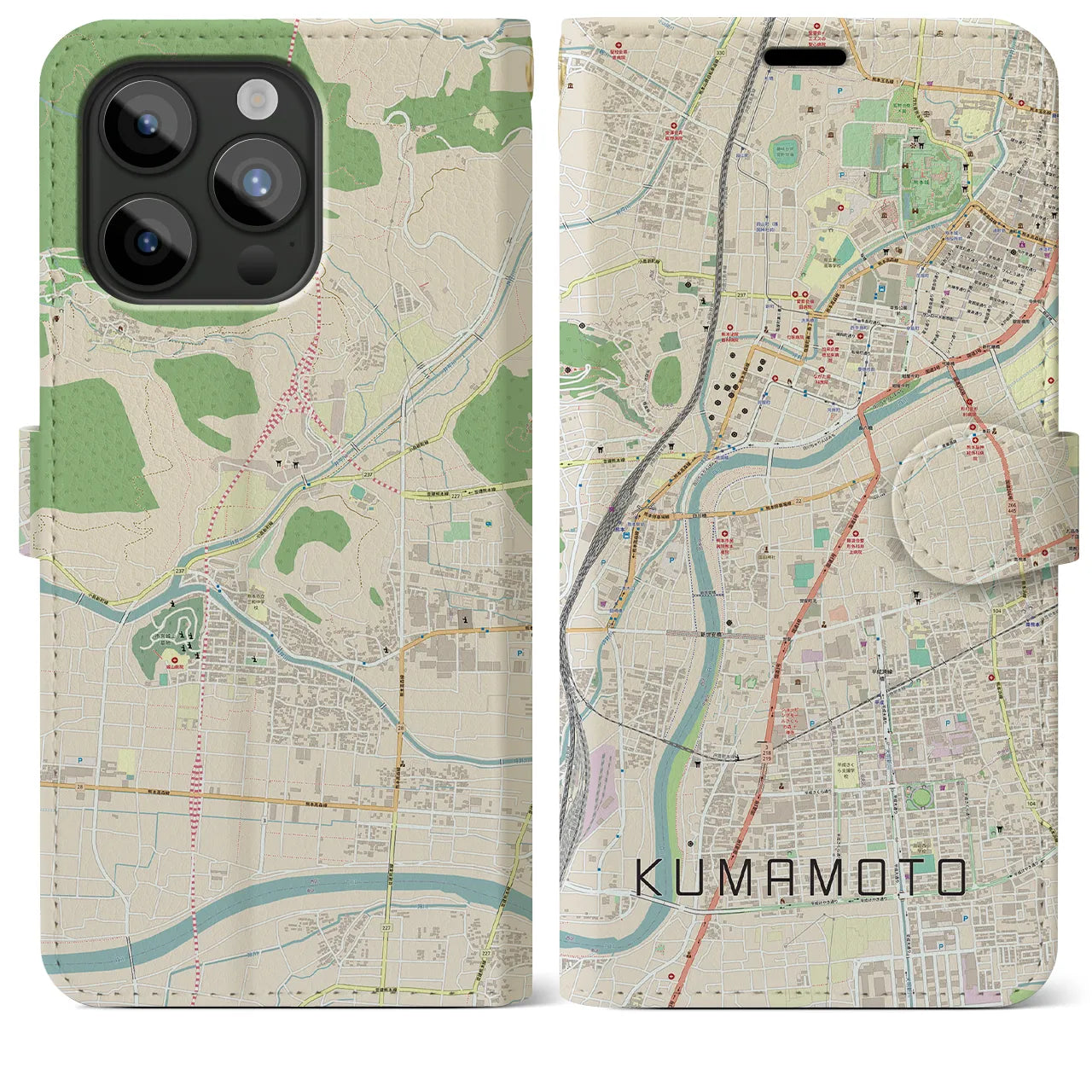 【熊本(熊本県)】地図柄iPhoneケース(手帳タイプ)ナチュラル・iPhone 15 Pro Max 用