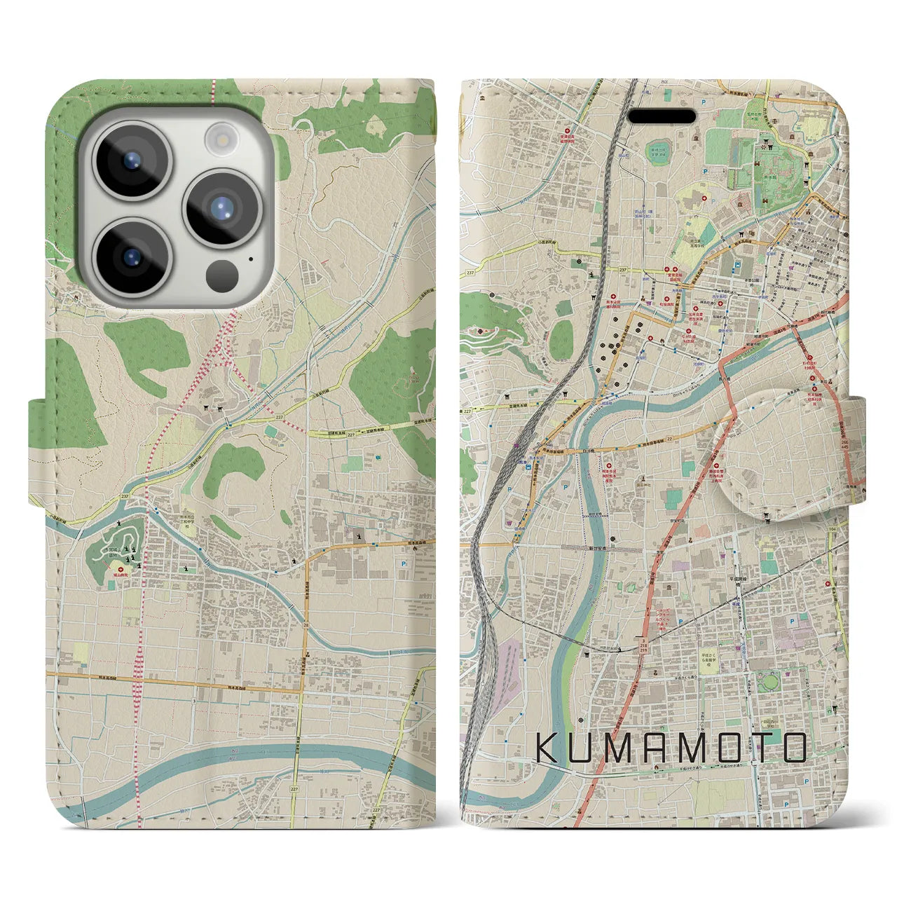 【熊本(熊本県)】地図柄iPhoneケース(手帳タイプ)ナチュラル・iPhone 15 Pro 用
