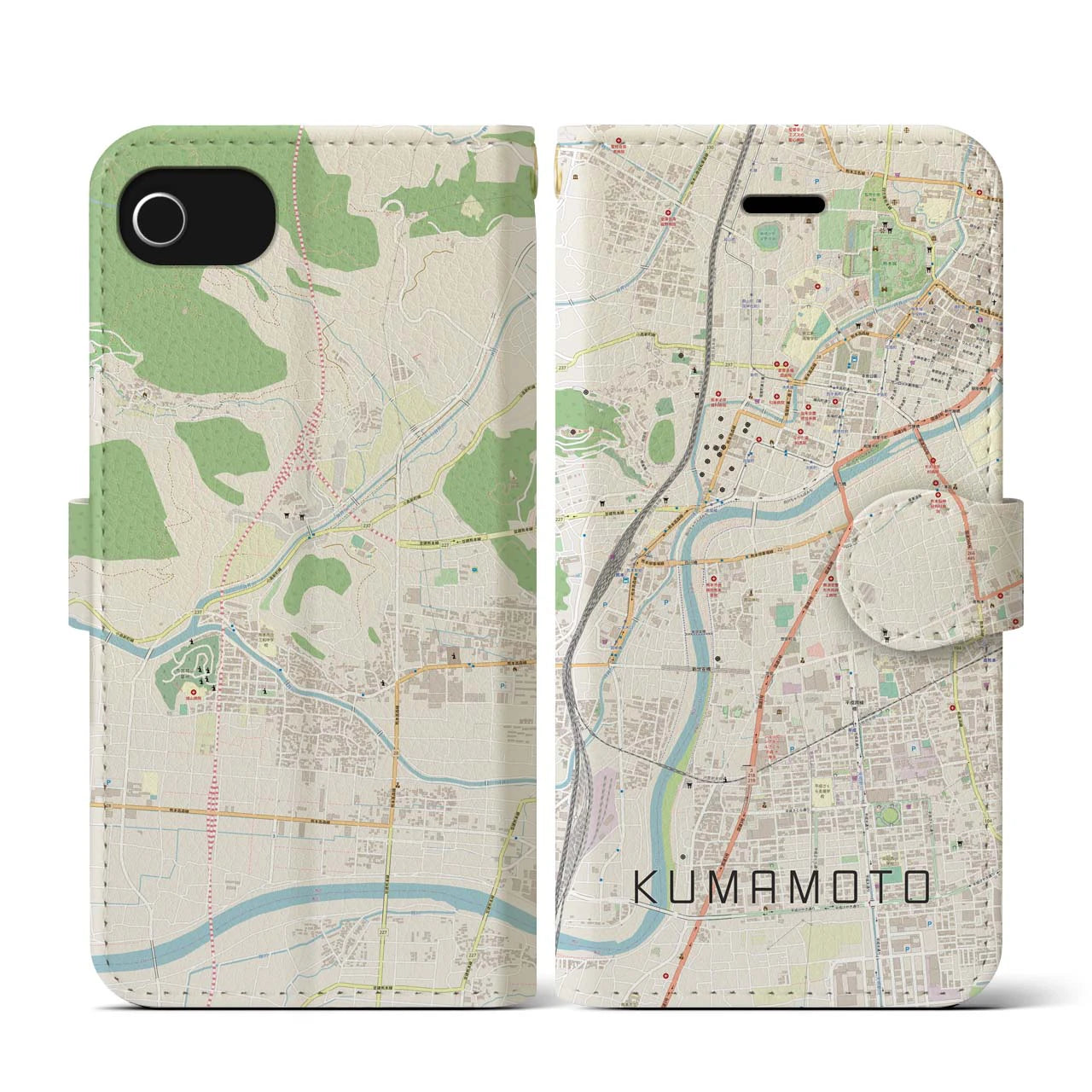 【熊本(熊本県)】地図柄iPhoneケース(手帳タイプ)ナチュラル・iPhone SE(第3 / 第2世代) / 8 / 7 / 6s / 6 用
