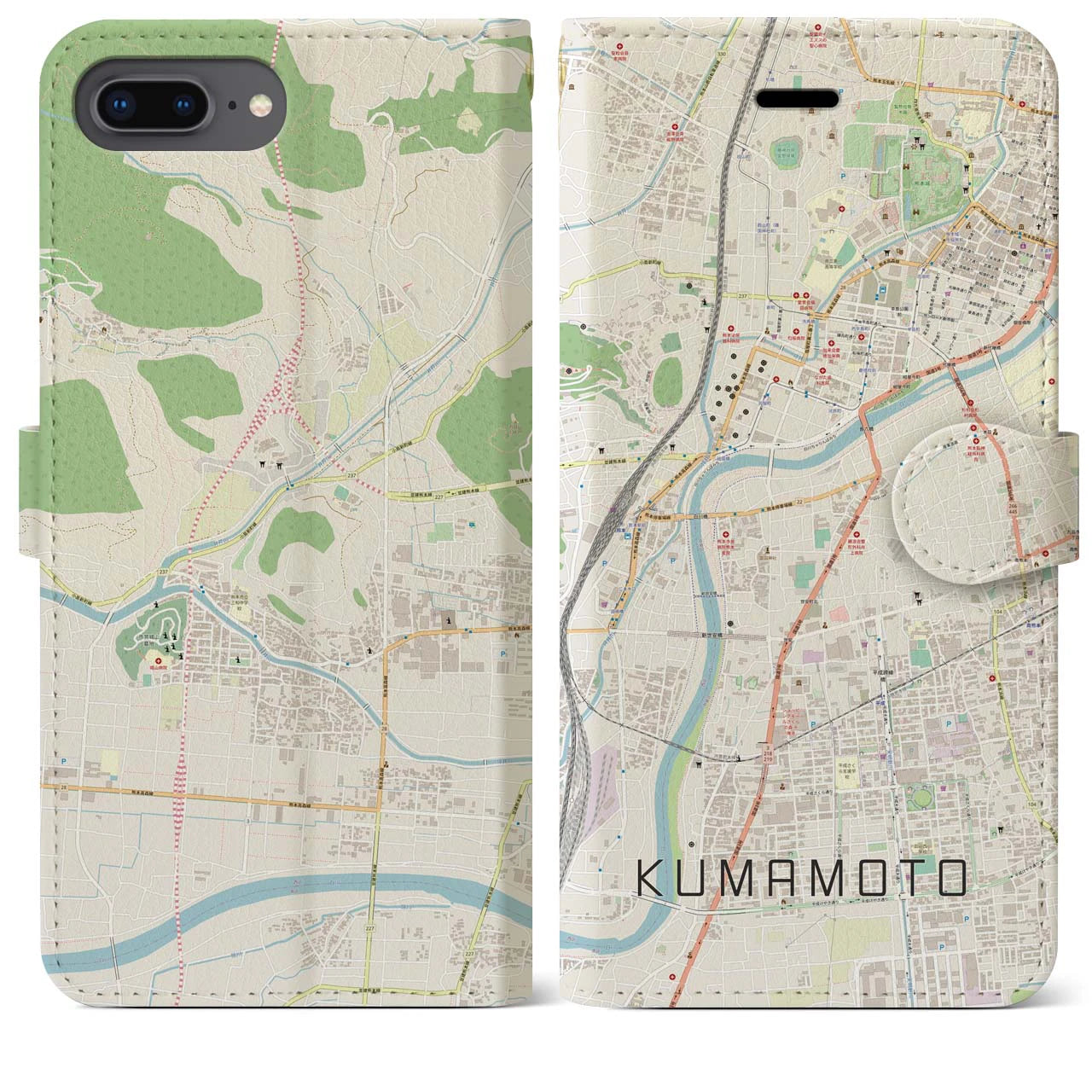 【熊本(熊本県)】地図柄iPhoneケース(手帳タイプ)ナチュラル・iPhone 8Plus /7Plus / 6sPlus / 6Plus 用