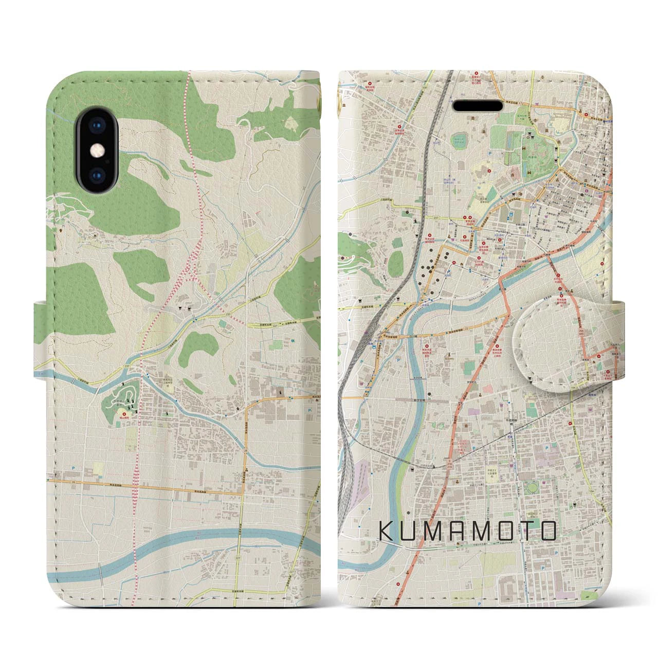 【熊本(熊本県)】地図柄iPhoneケース(手帳タイプ)ナチュラル・iPhone XS / X 用