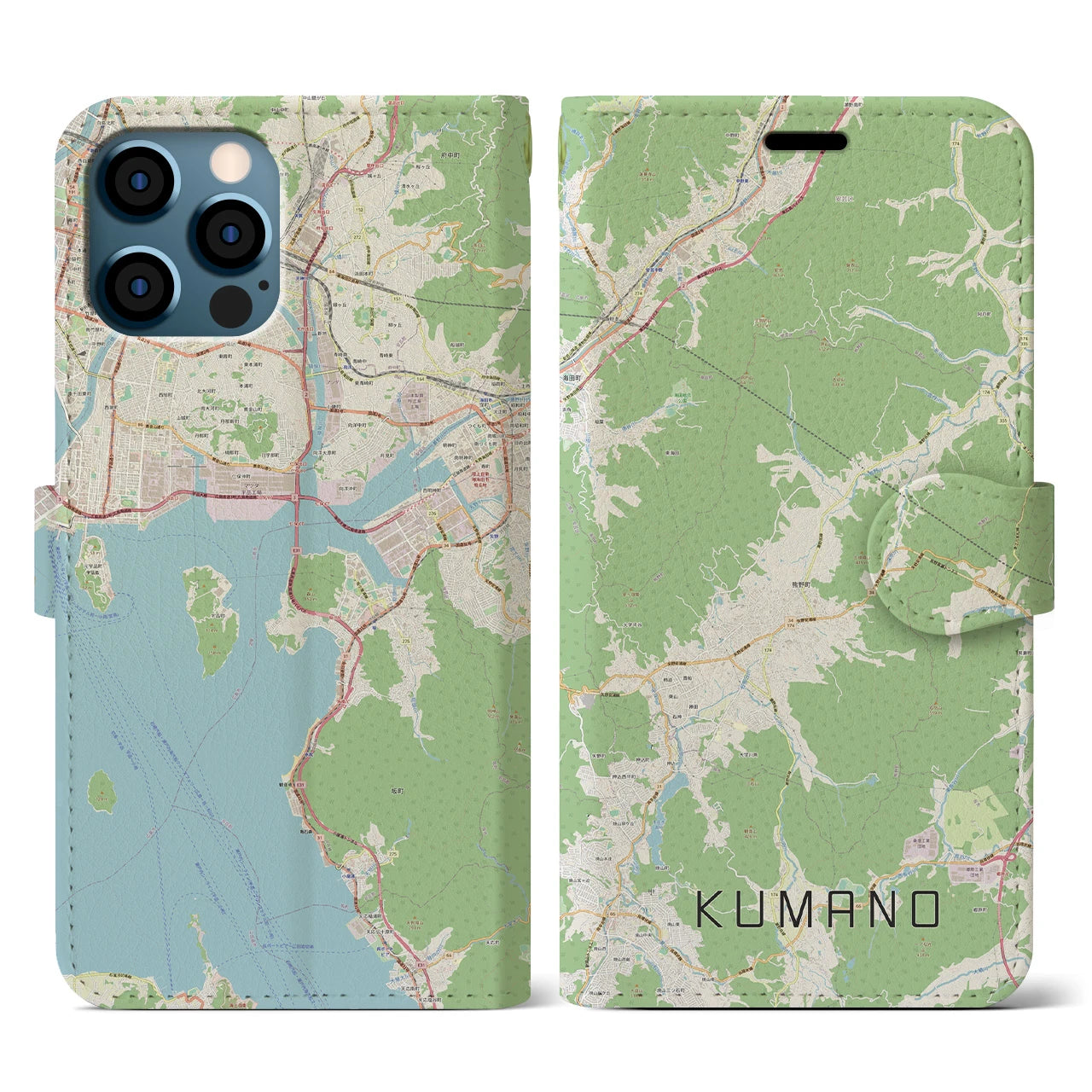 【熊野(広島県)】地図柄iPhoneケース(手帳タイプ)ナチュラル・iPhone 12 / 12 Pro 用