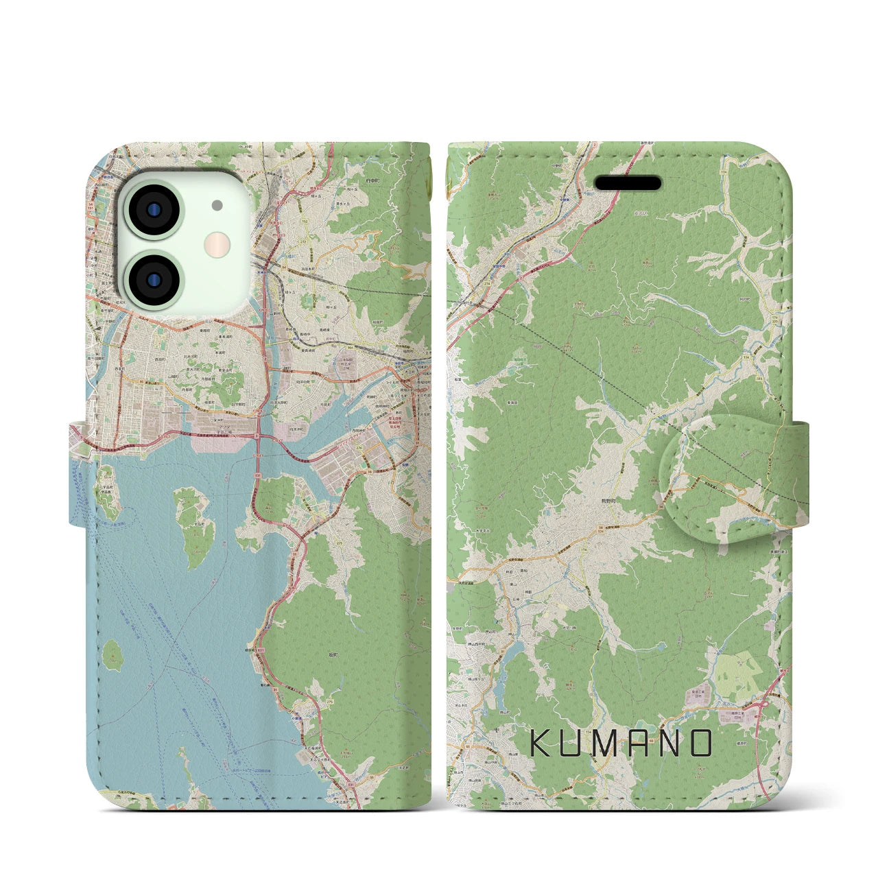 【熊野(広島県)】地図柄iPhoneケース(手帳タイプ)ナチュラル・iPhone 12 mini 用
