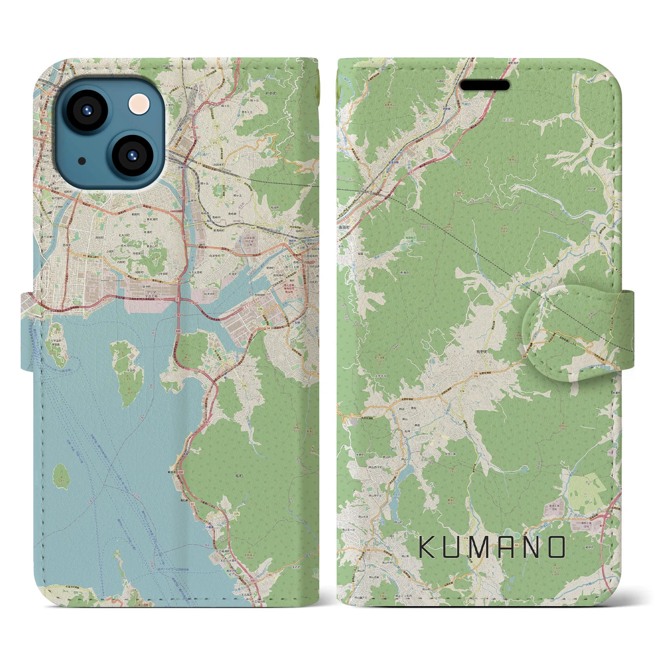 【熊野(広島県)】地図柄iPhoneケース(手帳タイプ)ナチュラル・iPhone 13 用