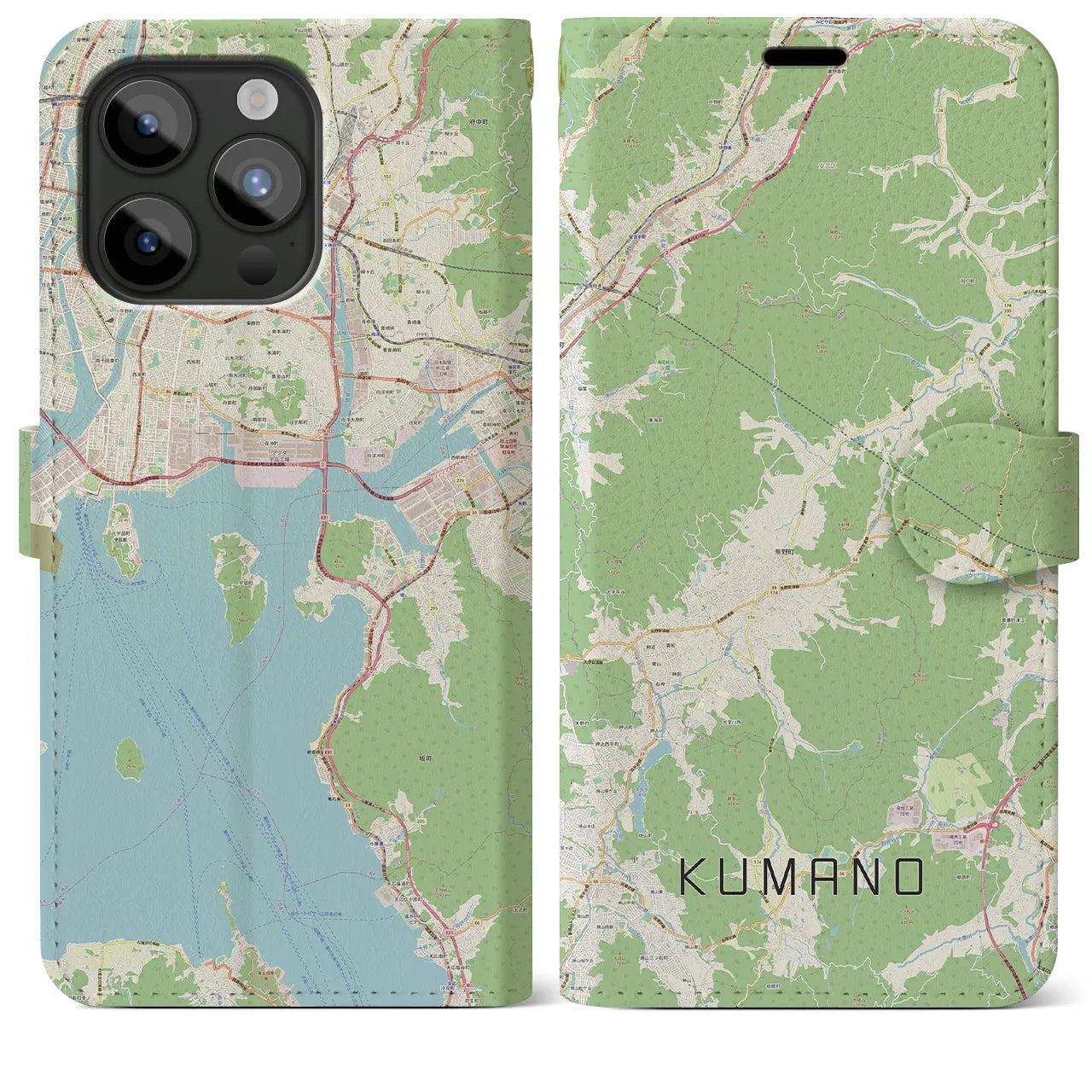 【熊野(広島県)】地図柄iPhoneケース(手帳タイプ)ナチュラル・iPhone 15 Pro Max 用
