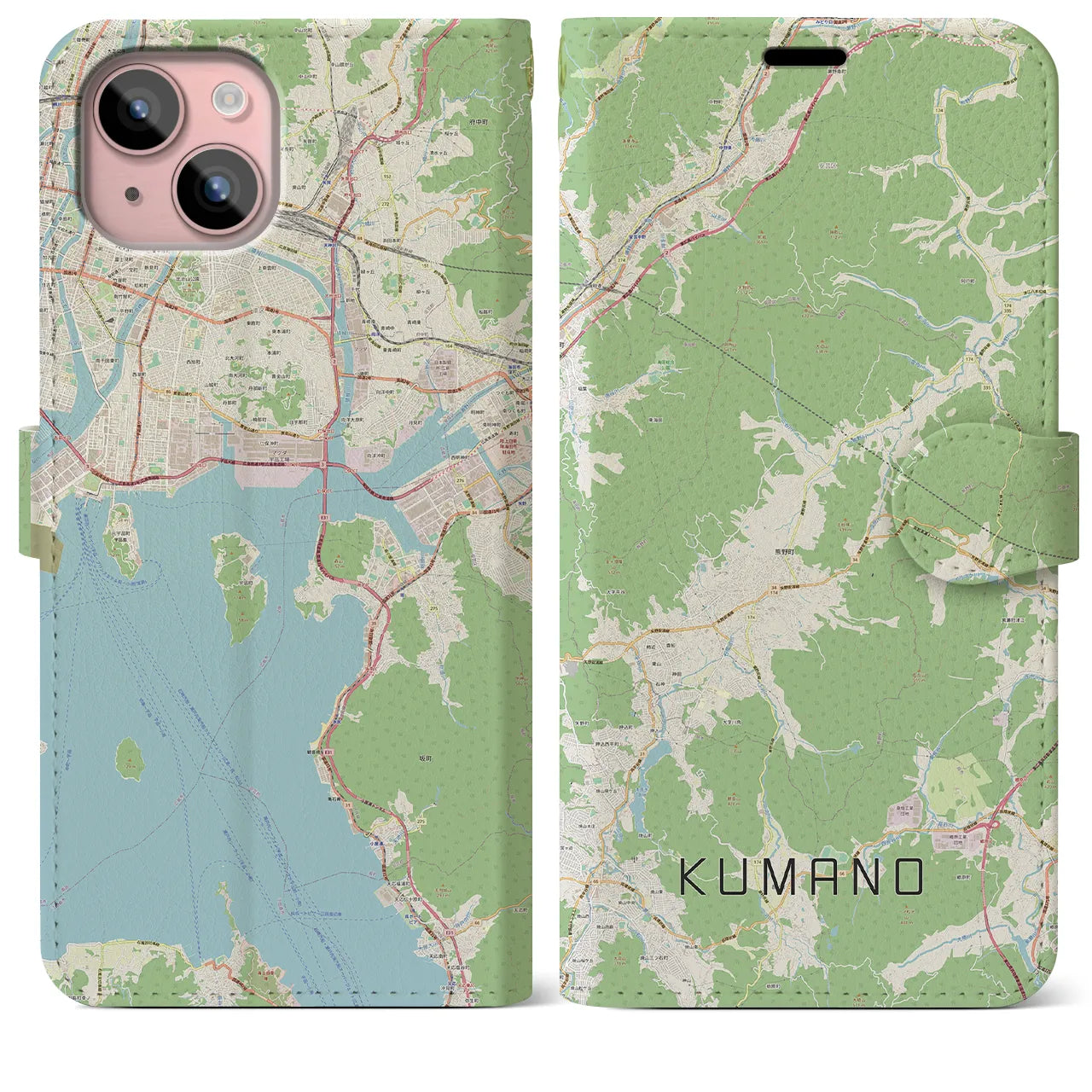 【熊野(広島県)】地図柄iPhoneケース(手帳タイプ)ナチュラル・iPhone 15 Plus 用