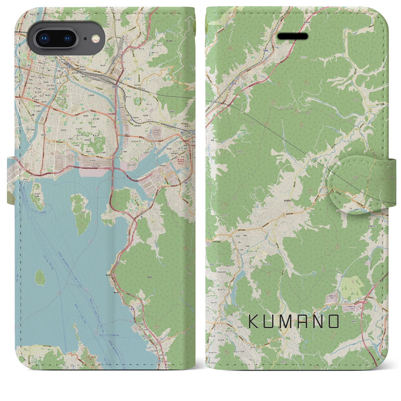 【熊野(広島県)】地図柄iPhoneケース(手帳タイプ)ナチュラル・iPhone 8Plus /7Plus / 6sPlus / 6Plus 用