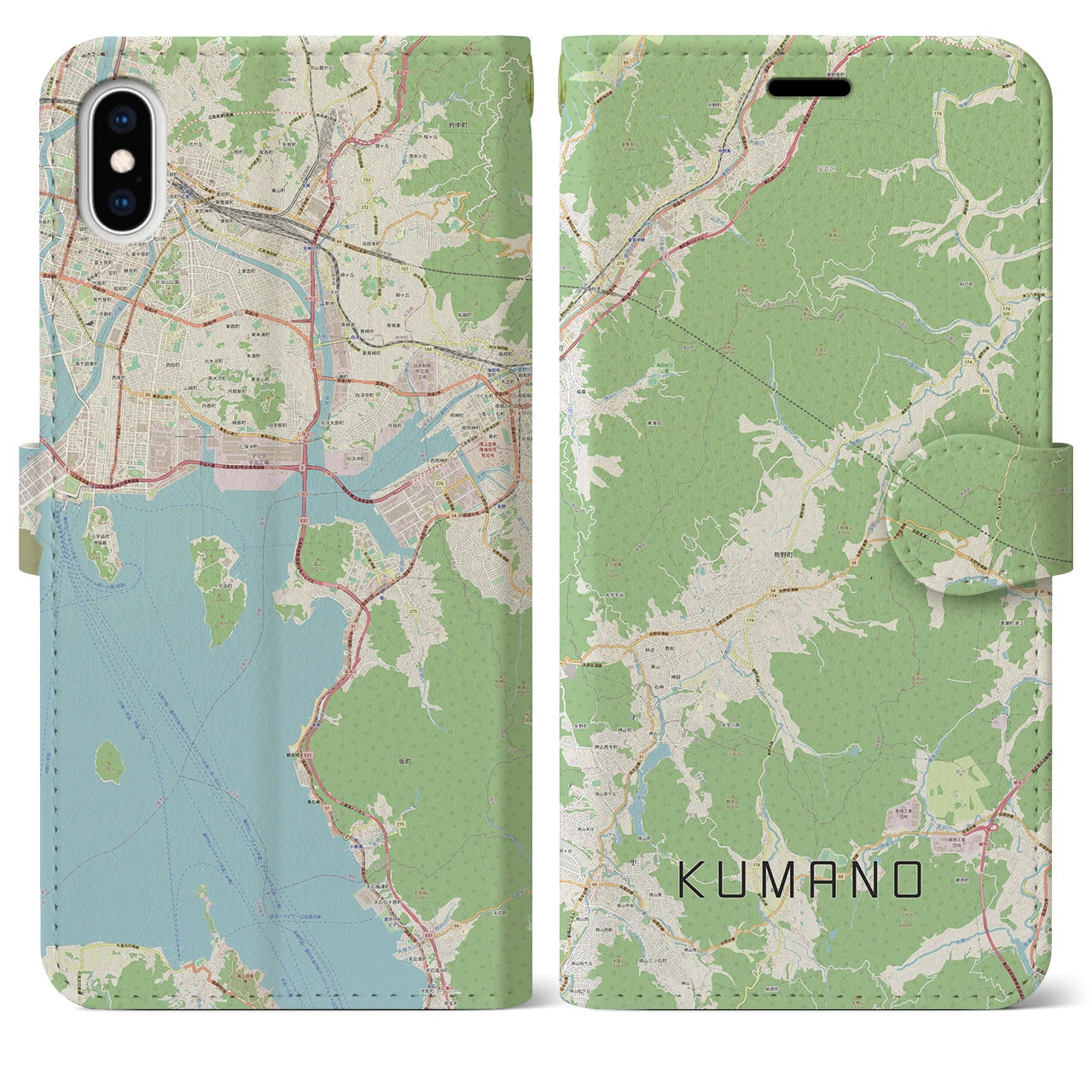 【熊野(広島県)】地図柄iPhoneケース(手帳タイプ)ナチュラル・iPhone XS Max 用
