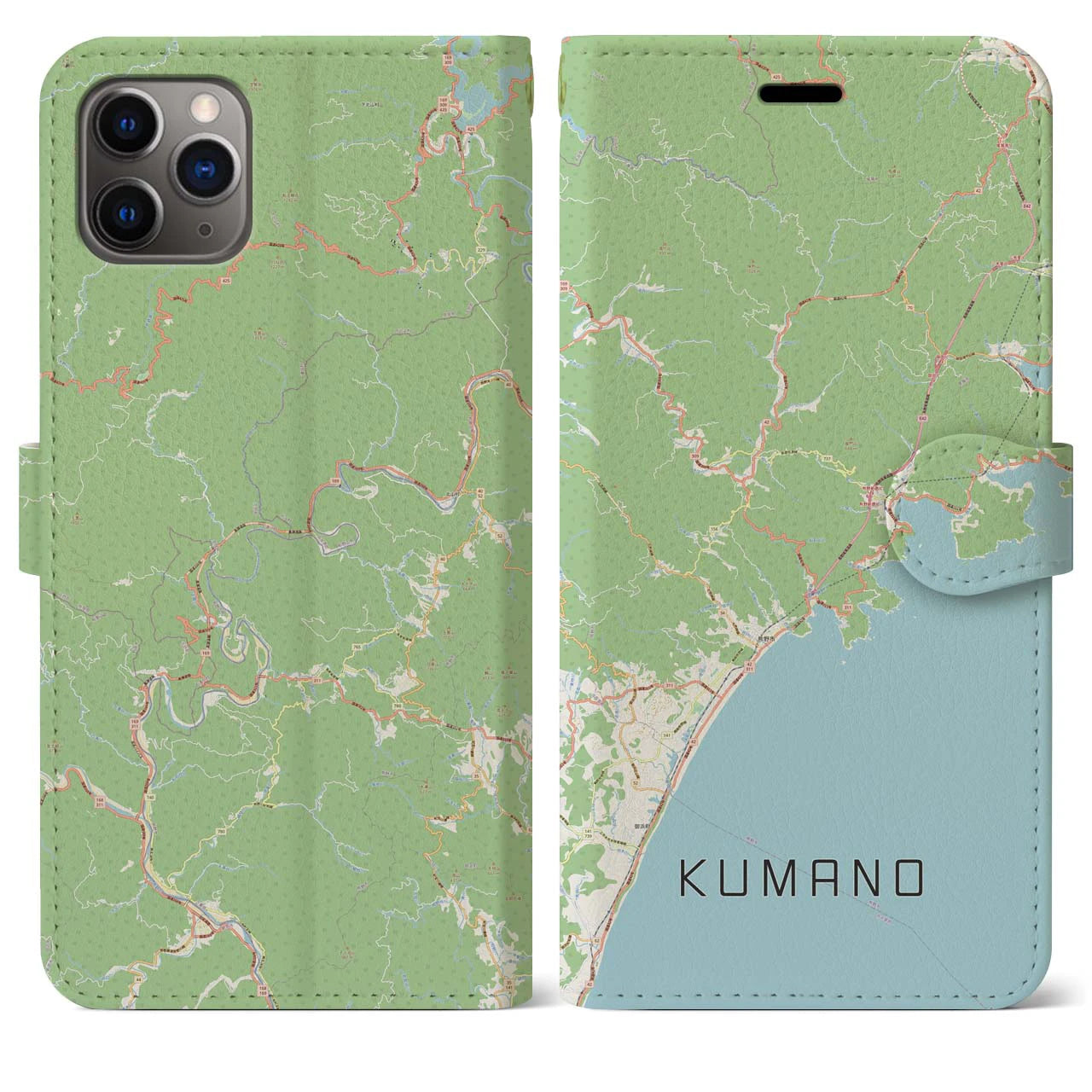 【熊野(三重県)】地図柄iPhoneケース(手帳タイプ)ナチュラル・iPhone 11 Pro Max 用
