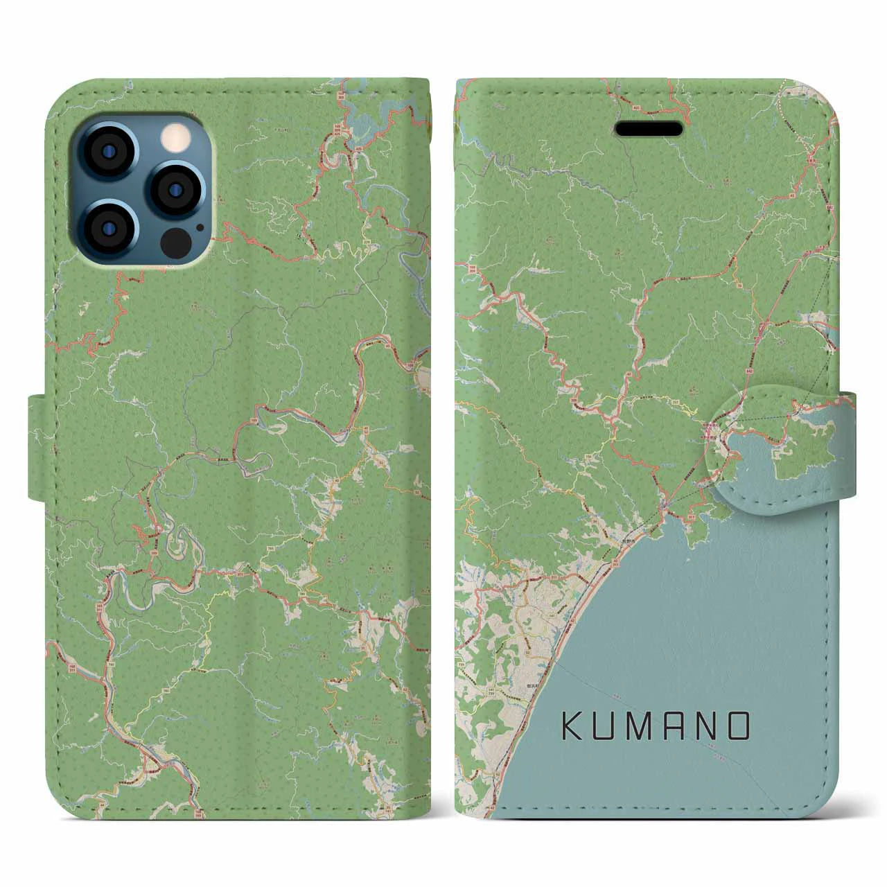 【熊野(三重県)】地図柄iPhoneケース(手帳タイプ)ナチュラル・iPhone 12 / 12 Pro 用