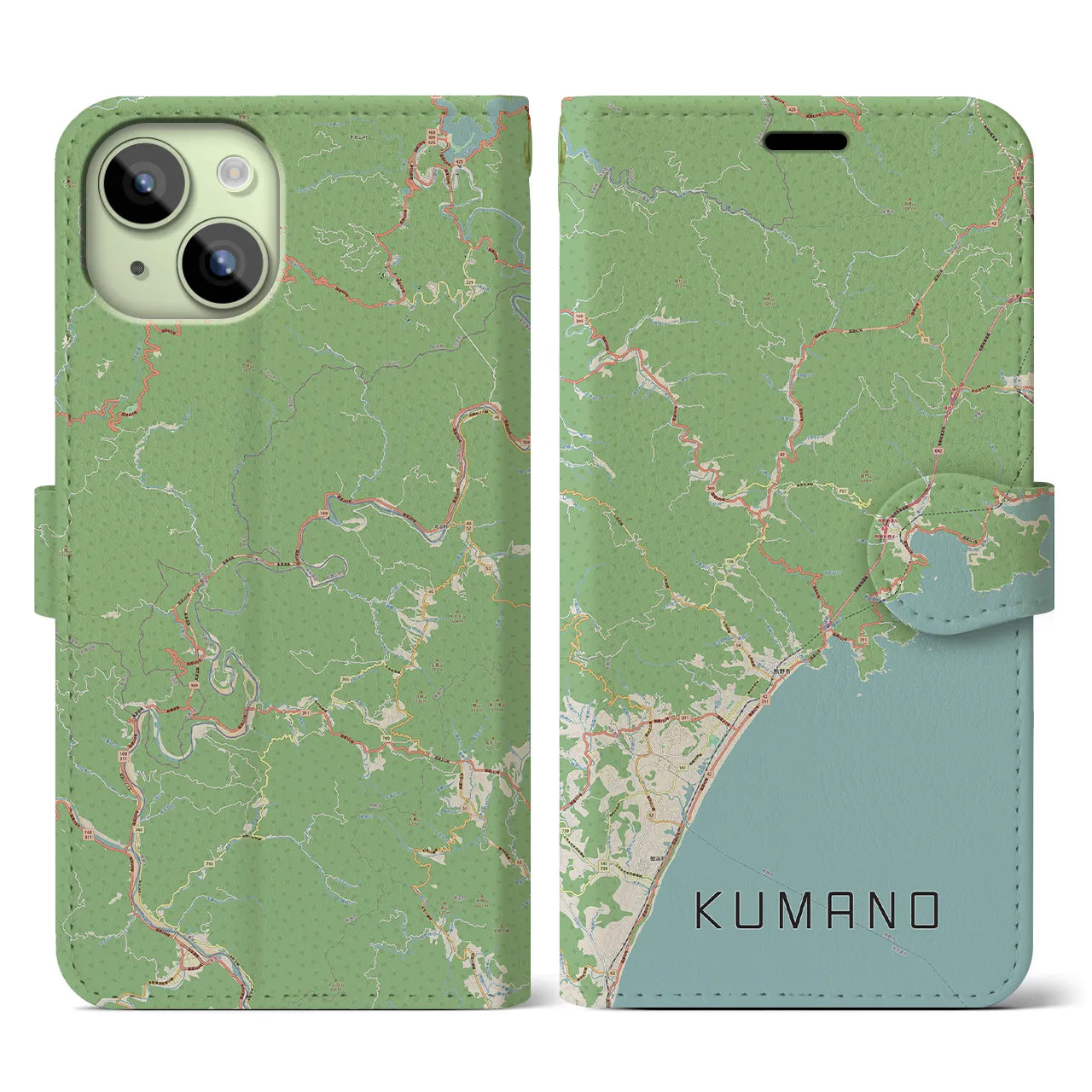 【熊野(三重県)】地図柄iPhoneケース(手帳タイプ)ナチュラル・iPhone 15 用