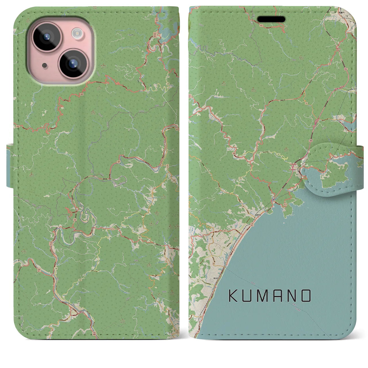 【熊野(三重県)】地図柄iPhoneケース(手帳タイプ)ナチュラル・iPhone 15 Plus 用