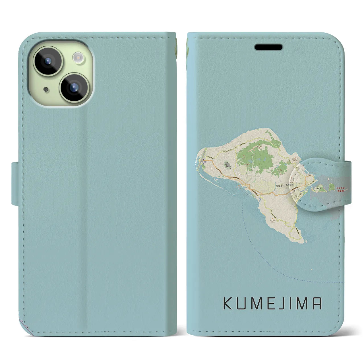 【久米島(沖縄県)】地図柄iPhoneケース(手帳タイプ)ナチュラル・iPhone 15 用
