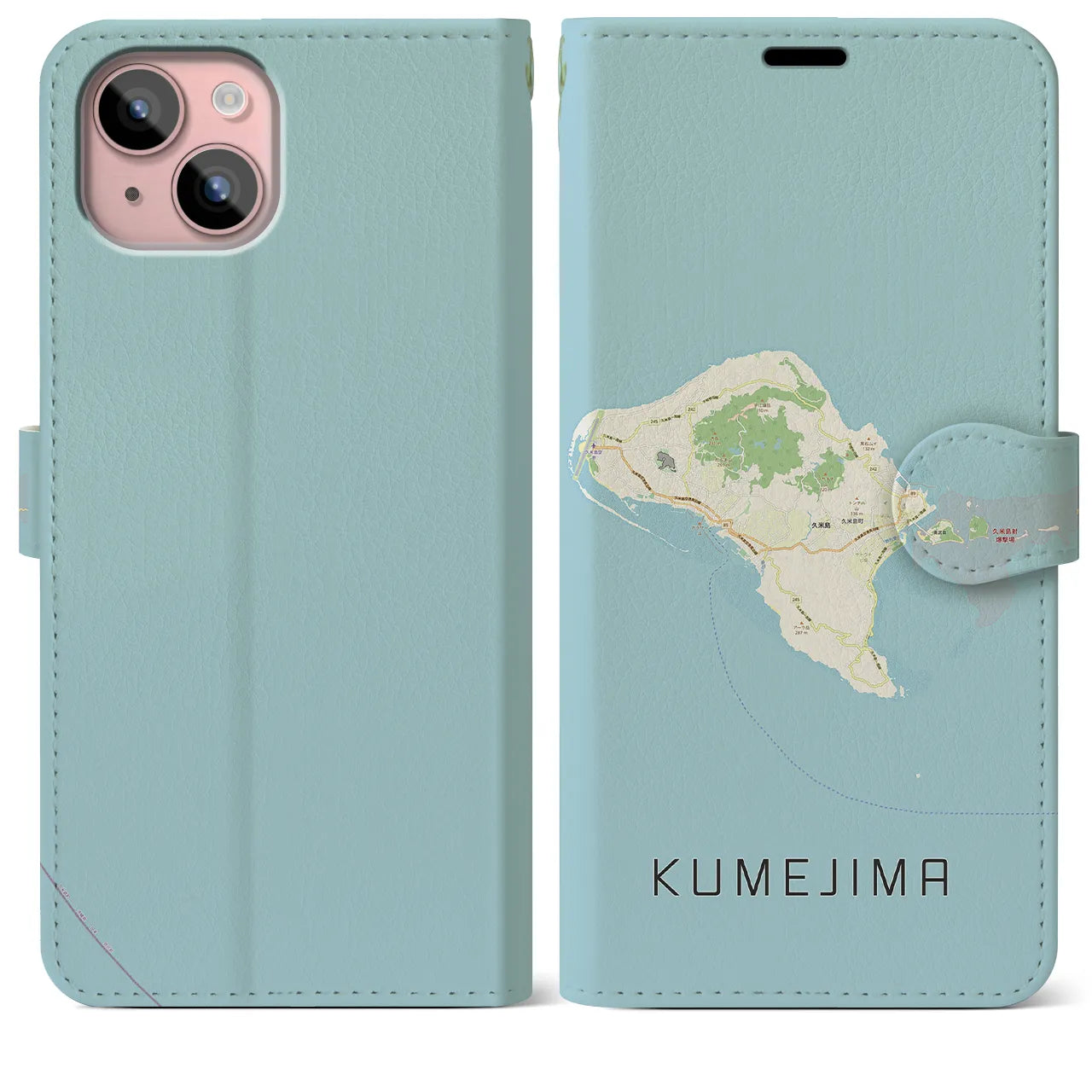【久米島(沖縄県)】地図柄iPhoneケース(手帳タイプ)ナチュラル・iPhone 15 Plus 用