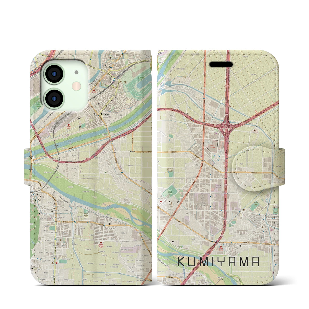 【久御山(京都府)】地図柄iPhoneケース(手帳タイプ)ナチュラル・iPhone 12 mini 用