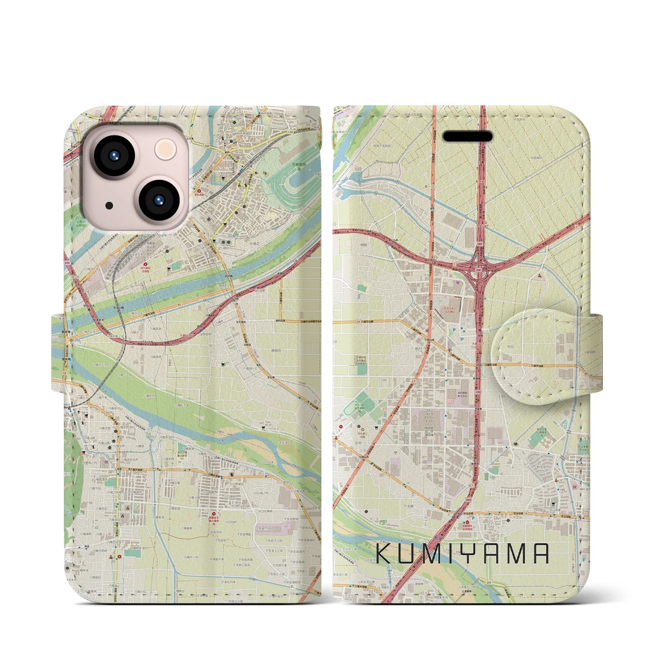 【久御山(京都府)】地図柄iPhoneケース(手帳タイプ)ナチュラル・iPhone 13 mini 用