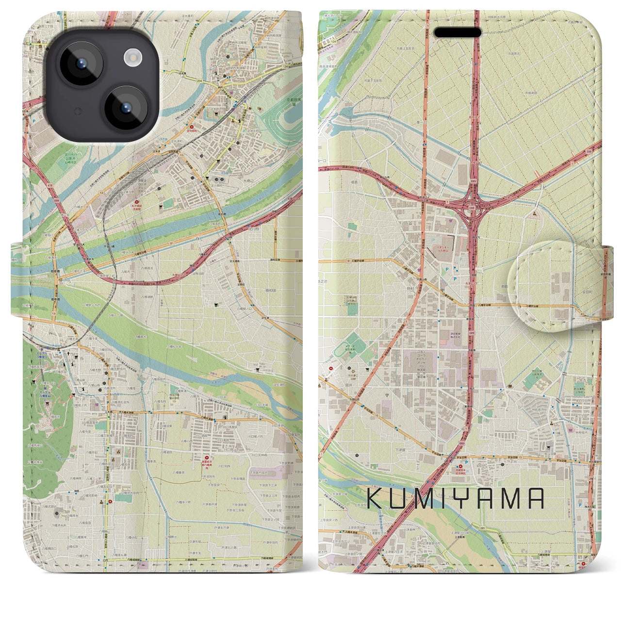 【久御山(京都府)】地図柄iPhoneケース(手帳タイプ)ナチュラル・iPhone 14 Plus 用
