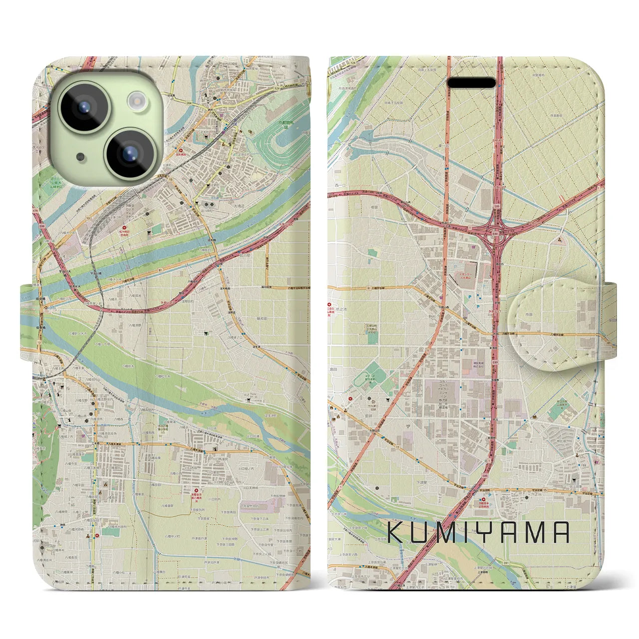 【久御山(京都府)】地図柄iPhoneケース(手帳タイプ)ナチュラル・iPhone 15 用