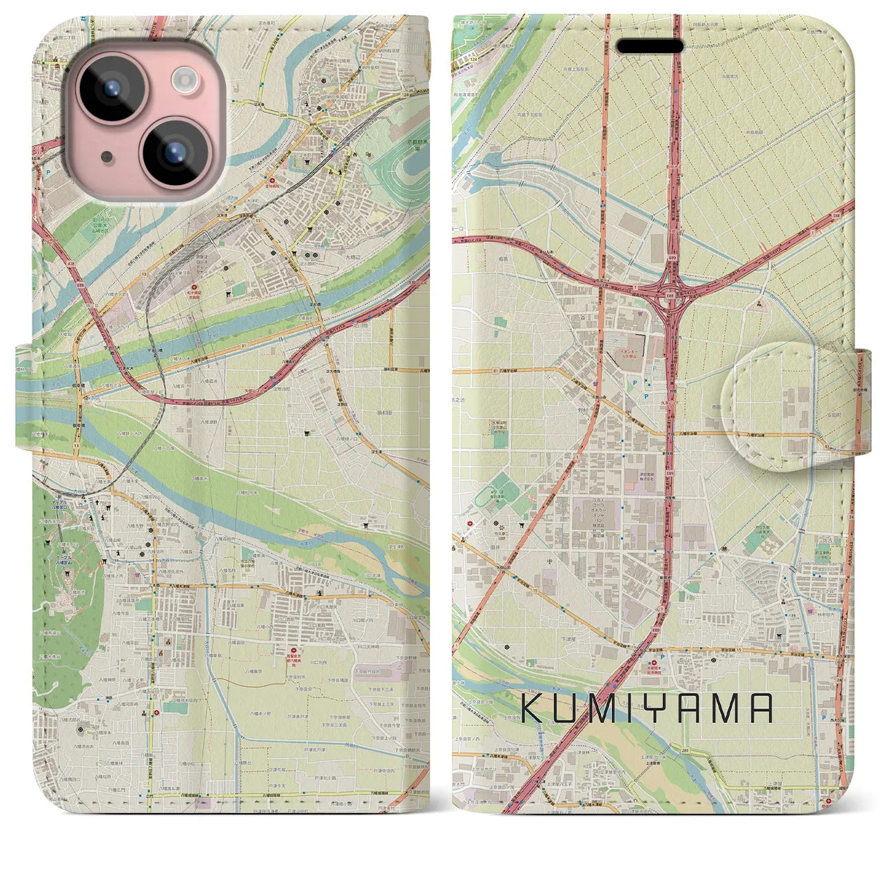 【久御山(京都府)】地図柄iPhoneケース(手帳タイプ)ナチュラル・iPhone 15 Plus 用