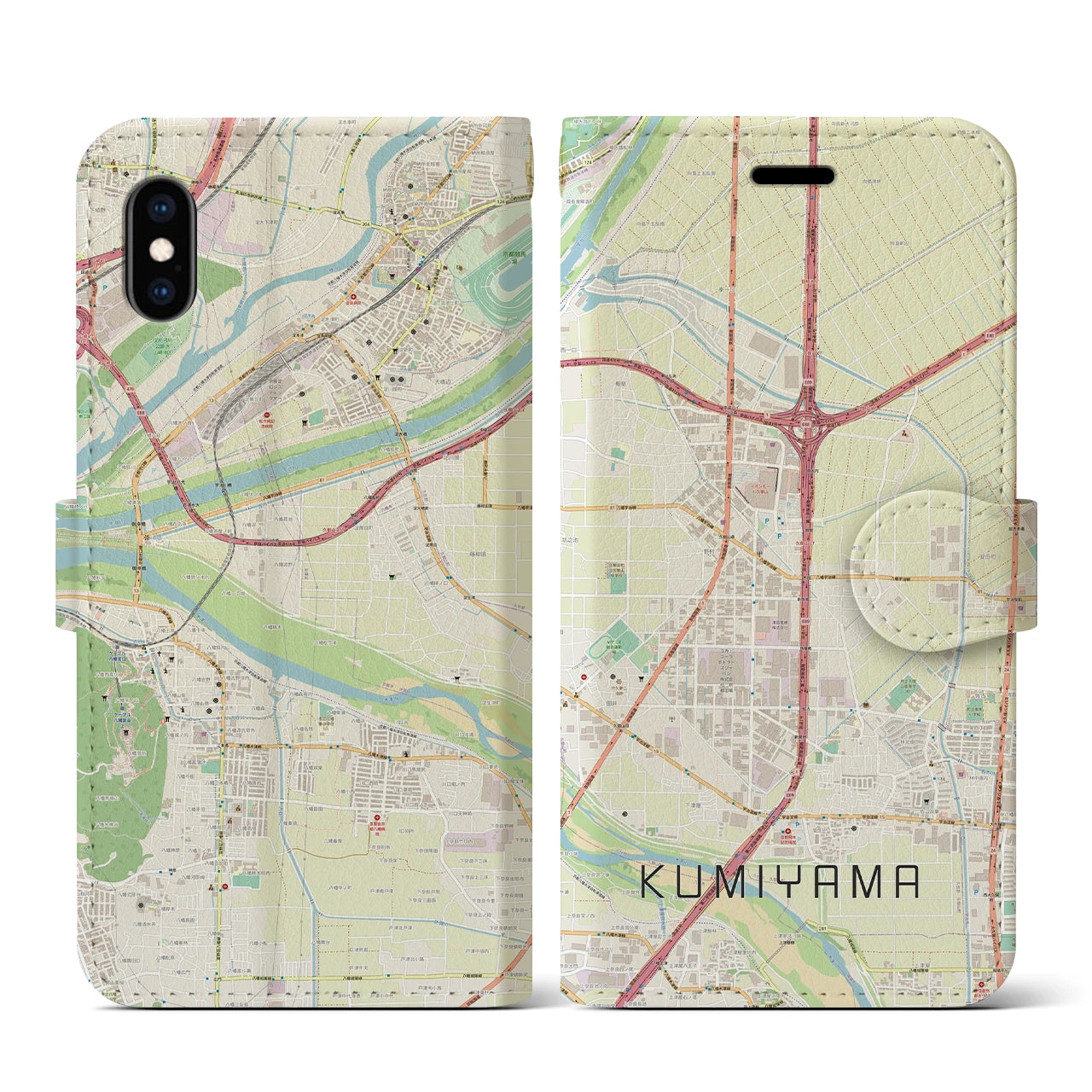 【久御山(京都府)】地図柄iPhoneケース(手帳タイプ)ナチュラル・iPhone XS / X 用