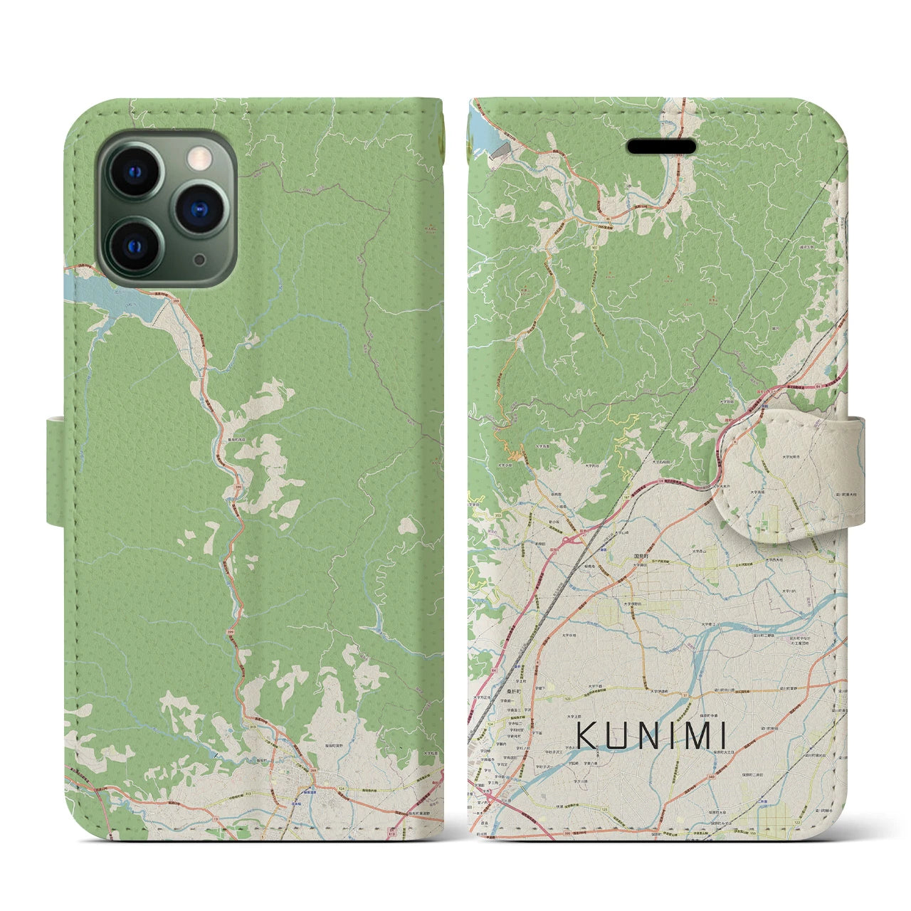 【国見(福島県)】地図柄iPhoneケース(手帳タイプ)ナチュラル・iPhone 11 Pro 用