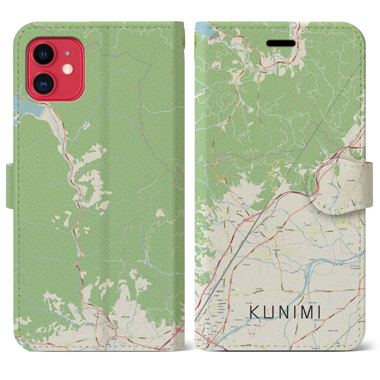 【国見(福島県)】地図柄iPhoneケース(手帳タイプ)ナチュラル・iPhone 11 用