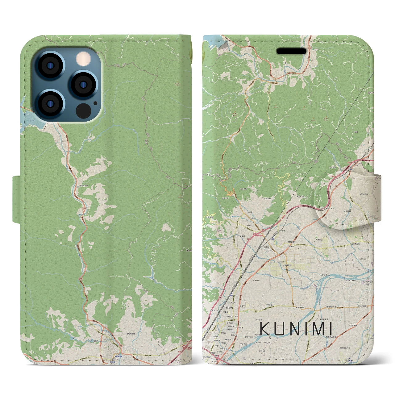 【国見(福島県)】地図柄iPhoneケース(手帳タイプ)ナチュラル・iPhone 12 / 12 Pro 用