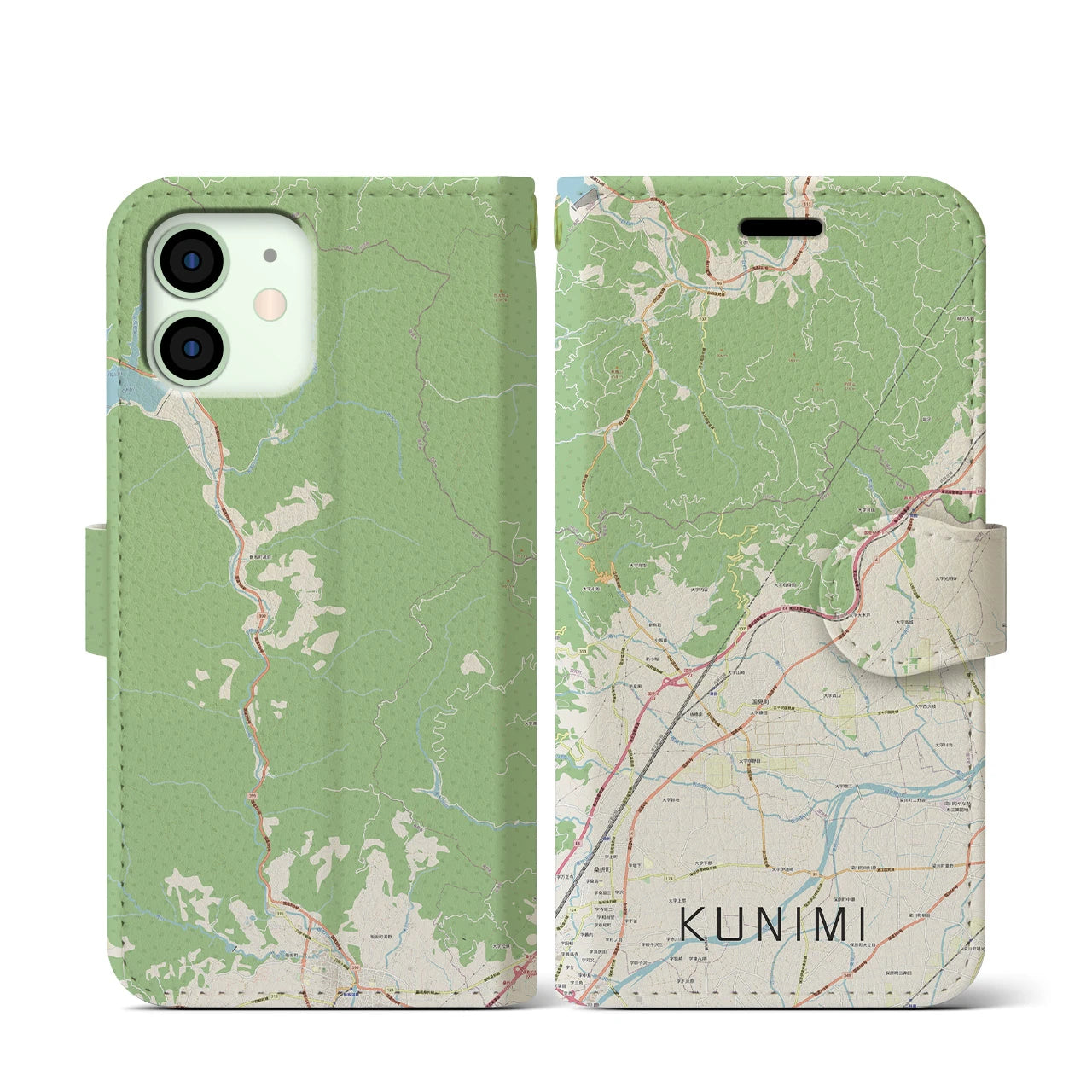 【国見(福島県)】地図柄iPhoneケース(手帳タイプ)ナチュラル・iPhone 12 mini 用