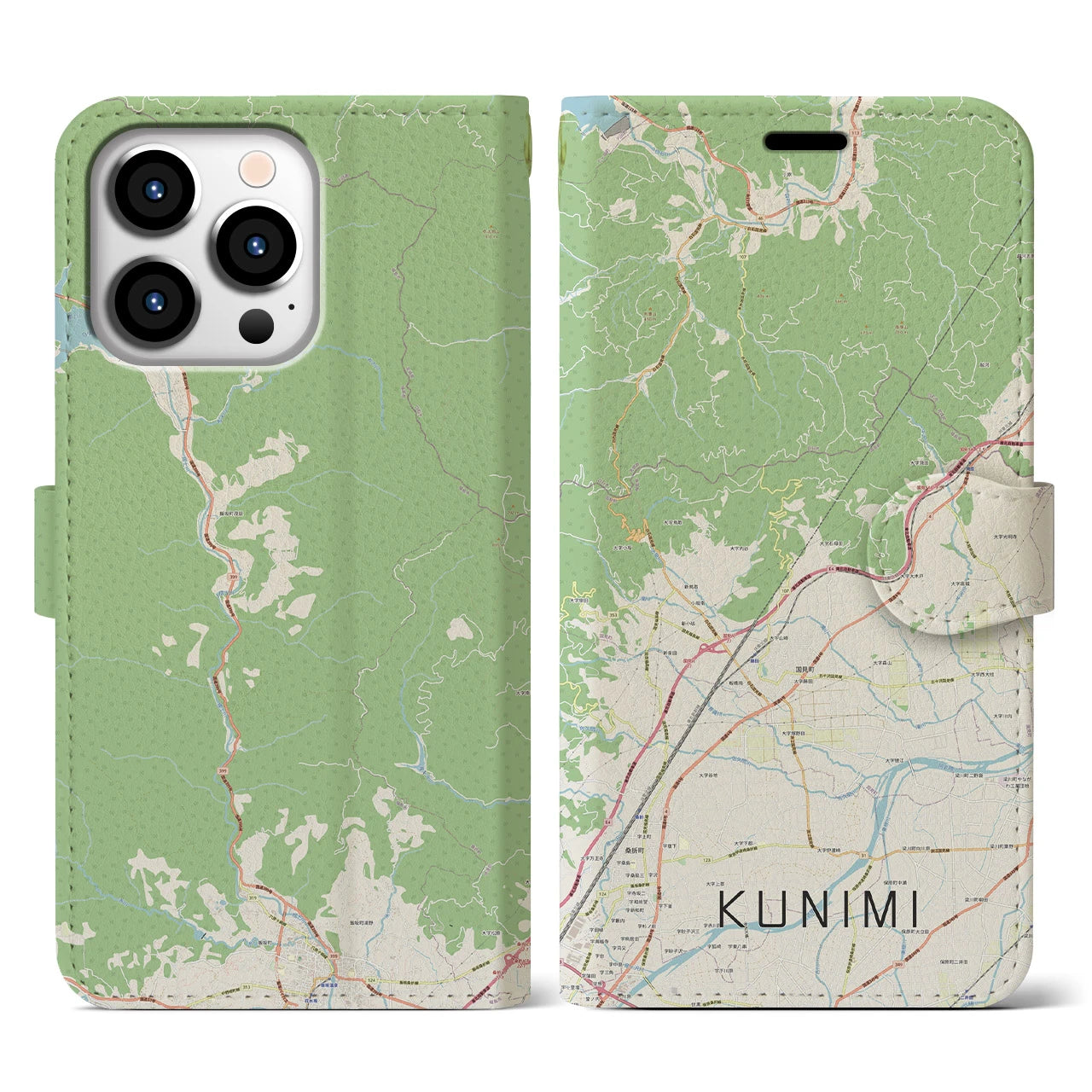 【国見(福島県)】地図柄iPhoneケース(手帳タイプ)ナチュラル・iPhone 13 Pro 用