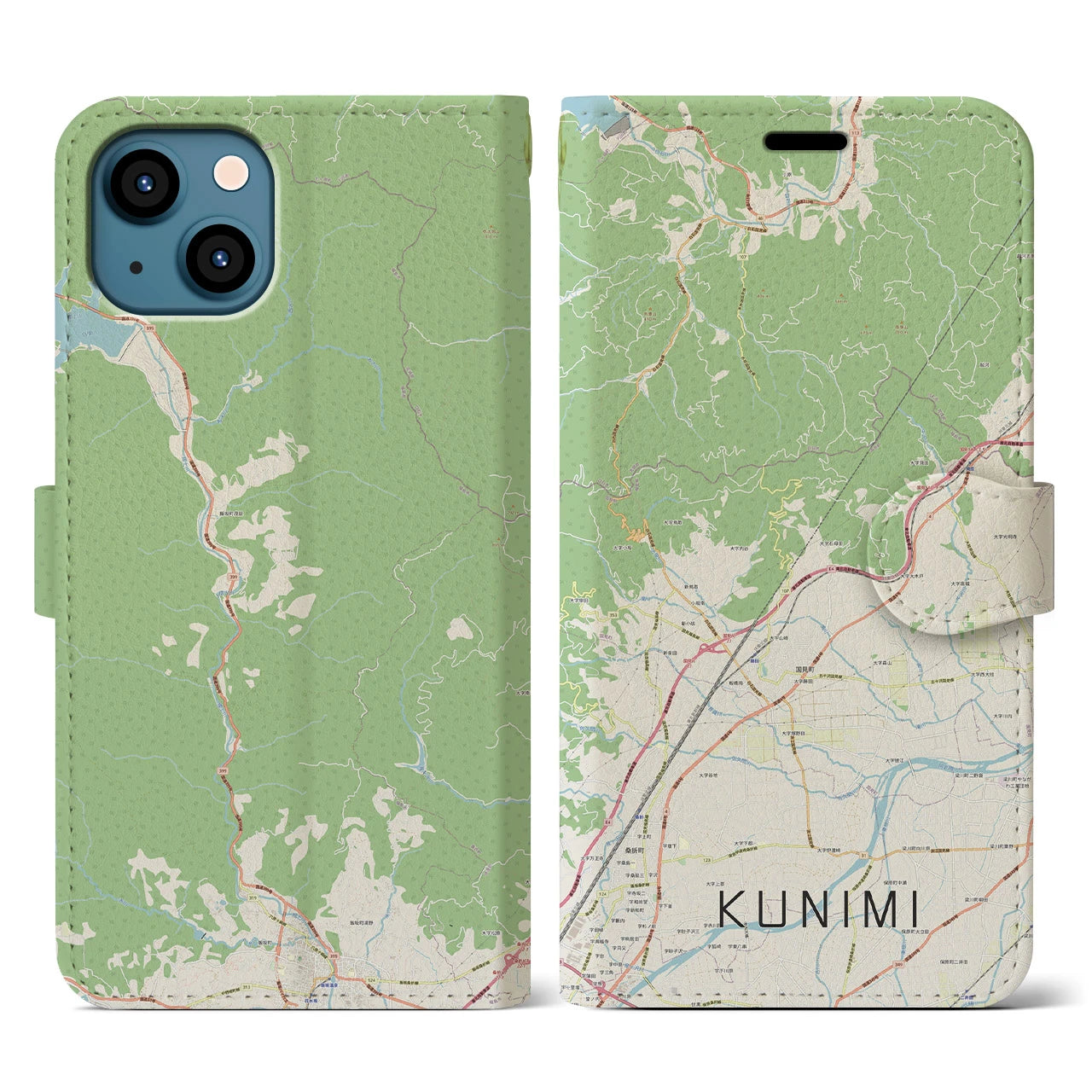 【国見(福島県)】地図柄iPhoneケース(手帳タイプ)ナチュラル・iPhone 13 用