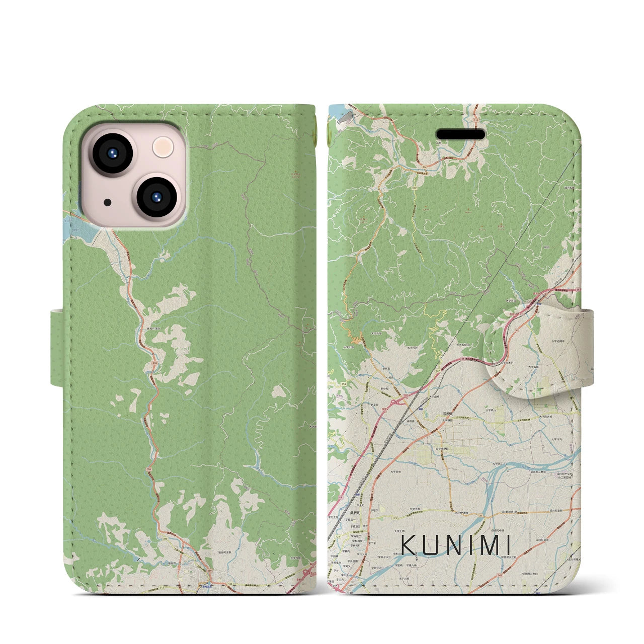 【国見(福島県)】地図柄iPhoneケース(手帳タイプ)ナチュラル・iPhone 13 mini 用