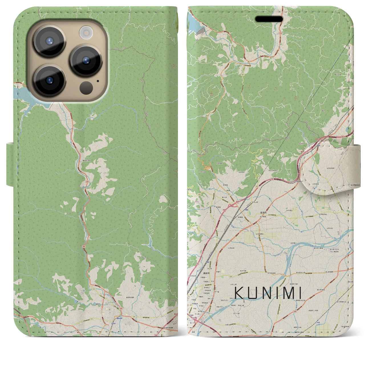 【国見(福島県)】地図柄iPhoneケース(手帳タイプ)ナチュラル・iPhone 14 Pro Max 用
