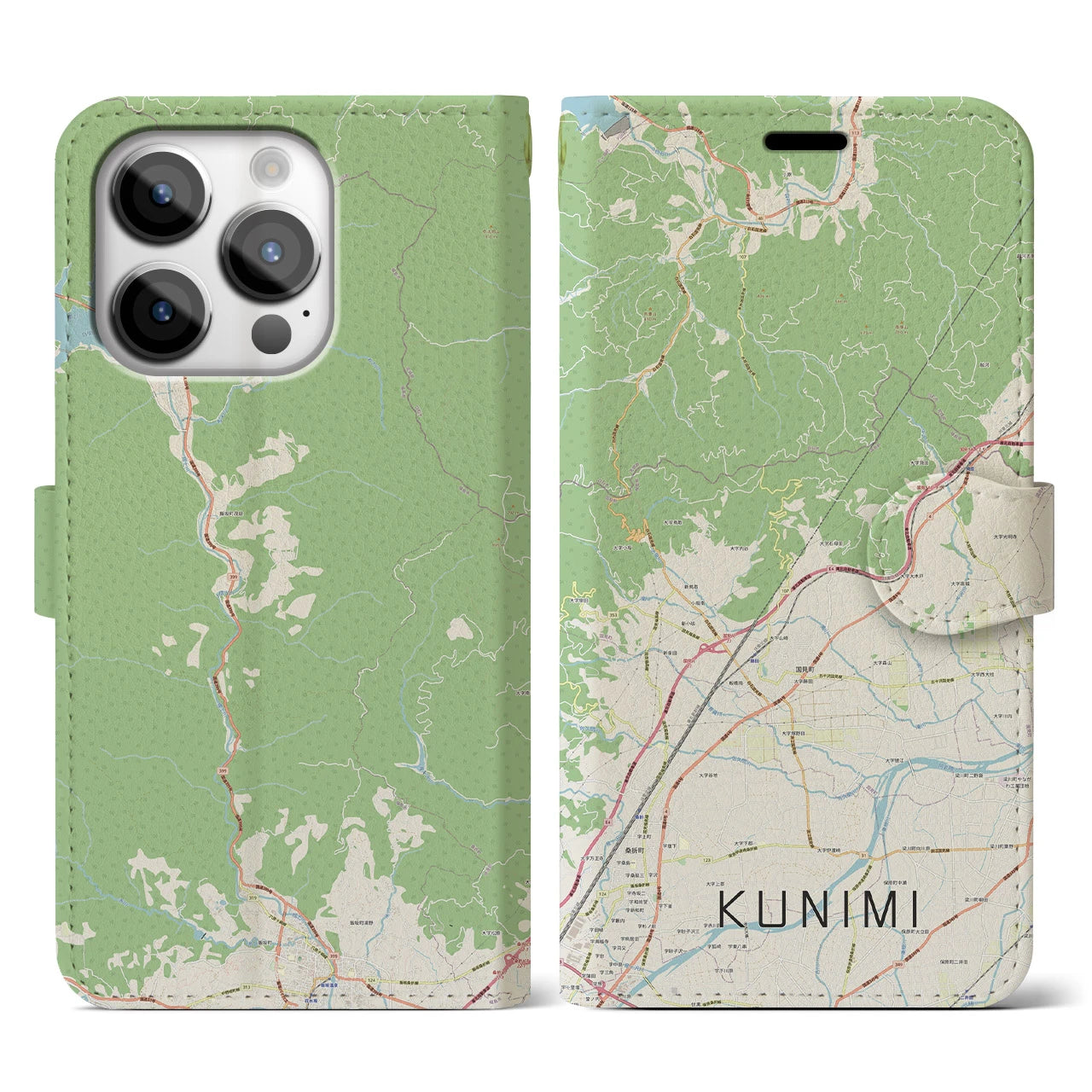【国見(福島県)】地図柄iPhoneケース(手帳タイプ)ナチュラル・iPhone 14 Pro 用