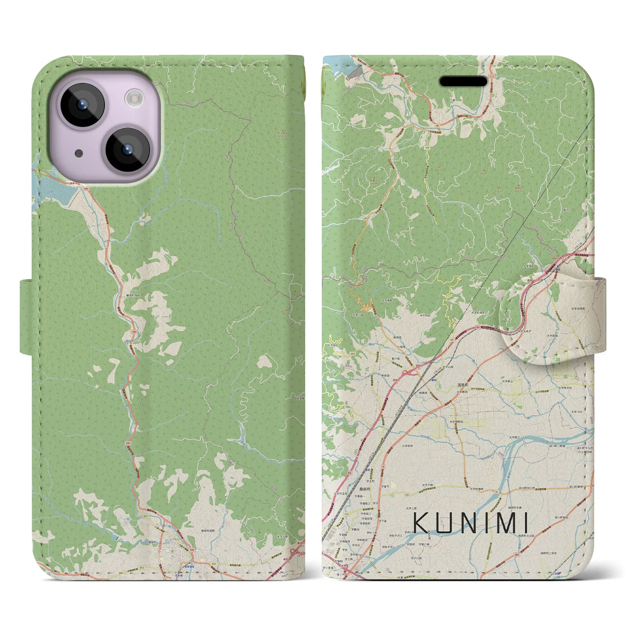 【国見(福島県)】地図柄iPhoneケース(手帳タイプ)ナチュラル・iPhone 14 用