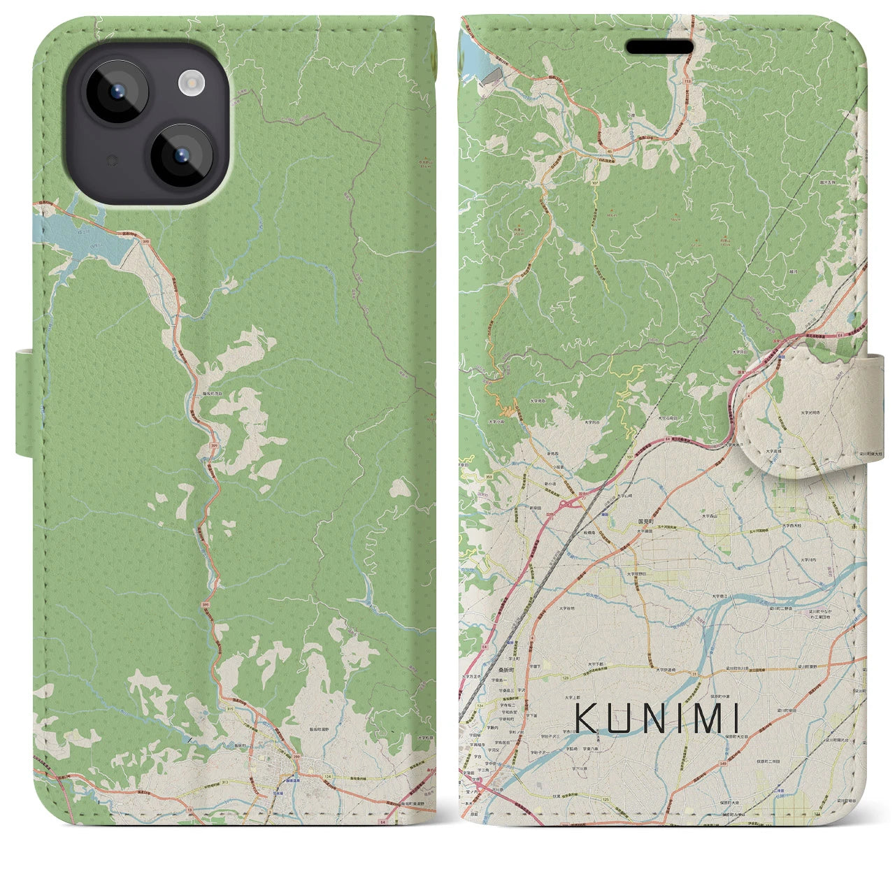 【国見(福島県)】地図柄iPhoneケース(手帳タイプ)ナチュラル・iPhone 14 Plus 用