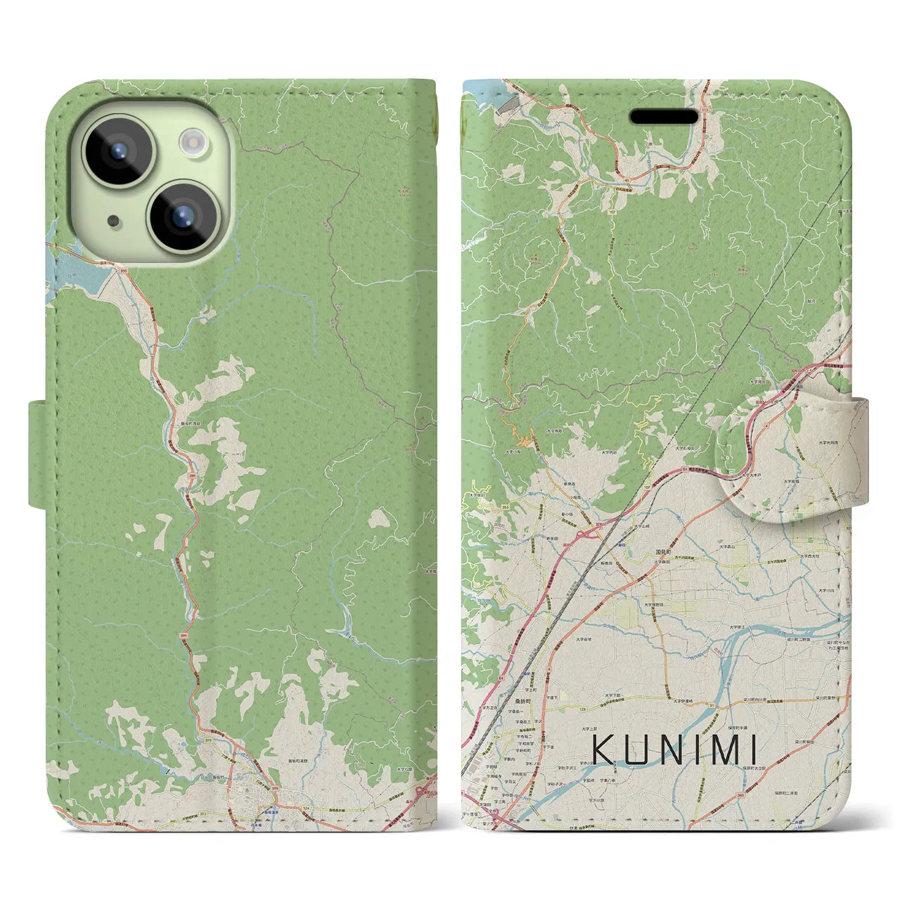 【国見(福島県)】地図柄iPhoneケース(手帳タイプ)ナチュラル・iPhone 15 用