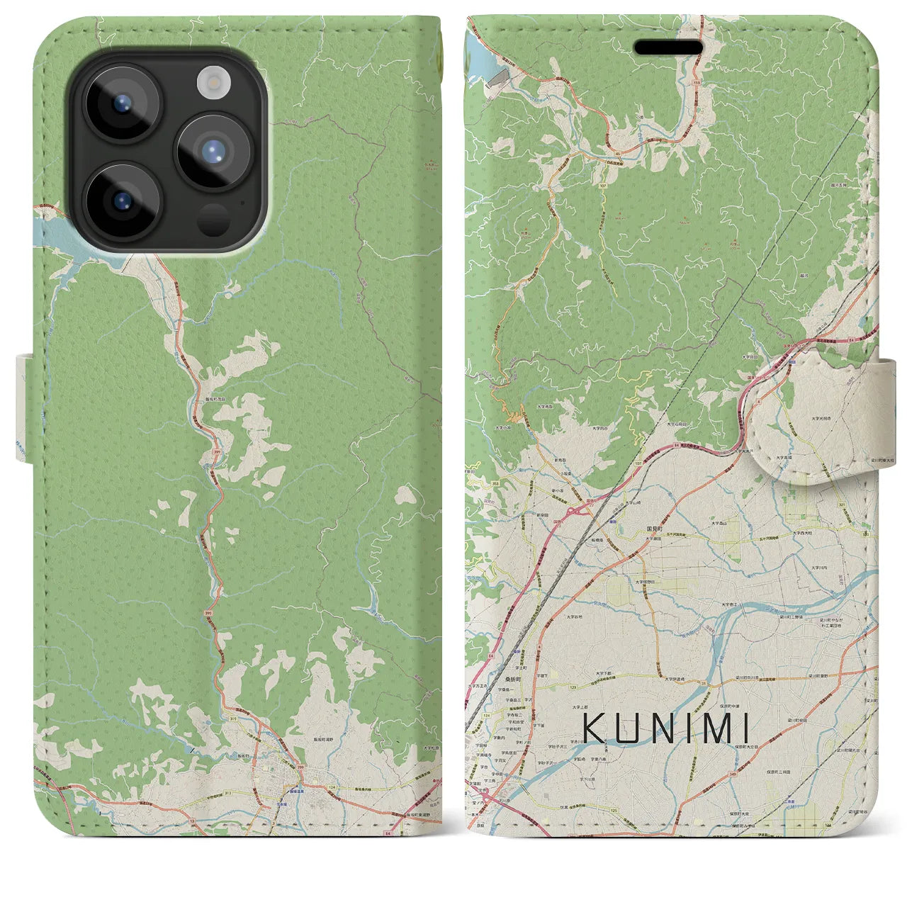 【国見(福島県)】地図柄iPhoneケース(手帳タイプ)ナチュラル・iPhone 15 Pro Max 用