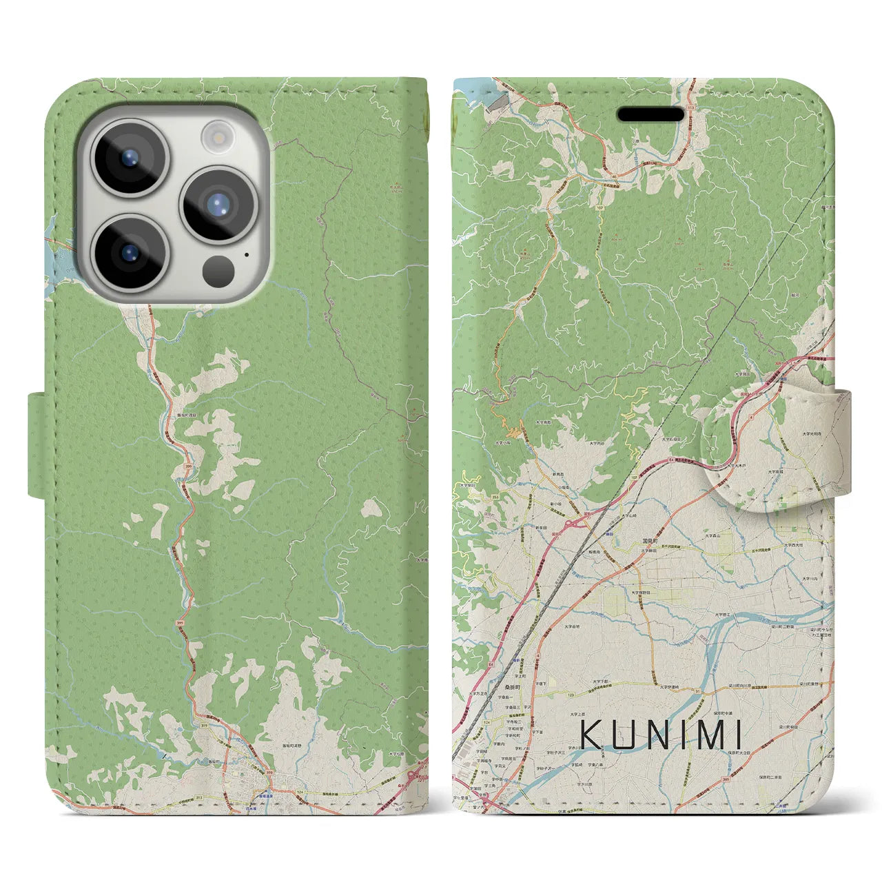 【国見(福島県)】地図柄iPhoneケース(手帳タイプ)ナチュラル・iPhone 15 Pro 用