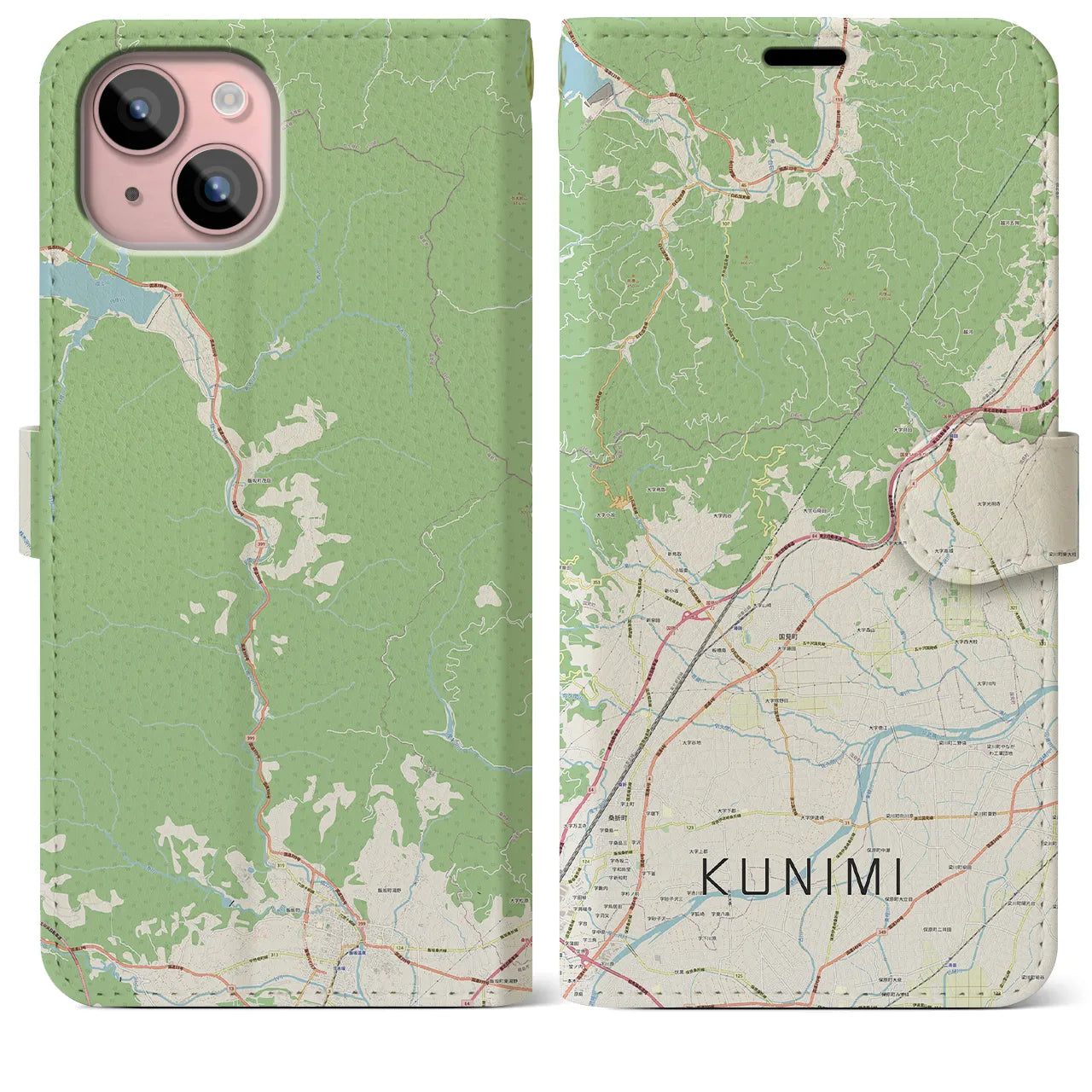 【国見(福島県)】地図柄iPhoneケース(手帳タイプ)ナチュラル・iPhone 15 Plus 用