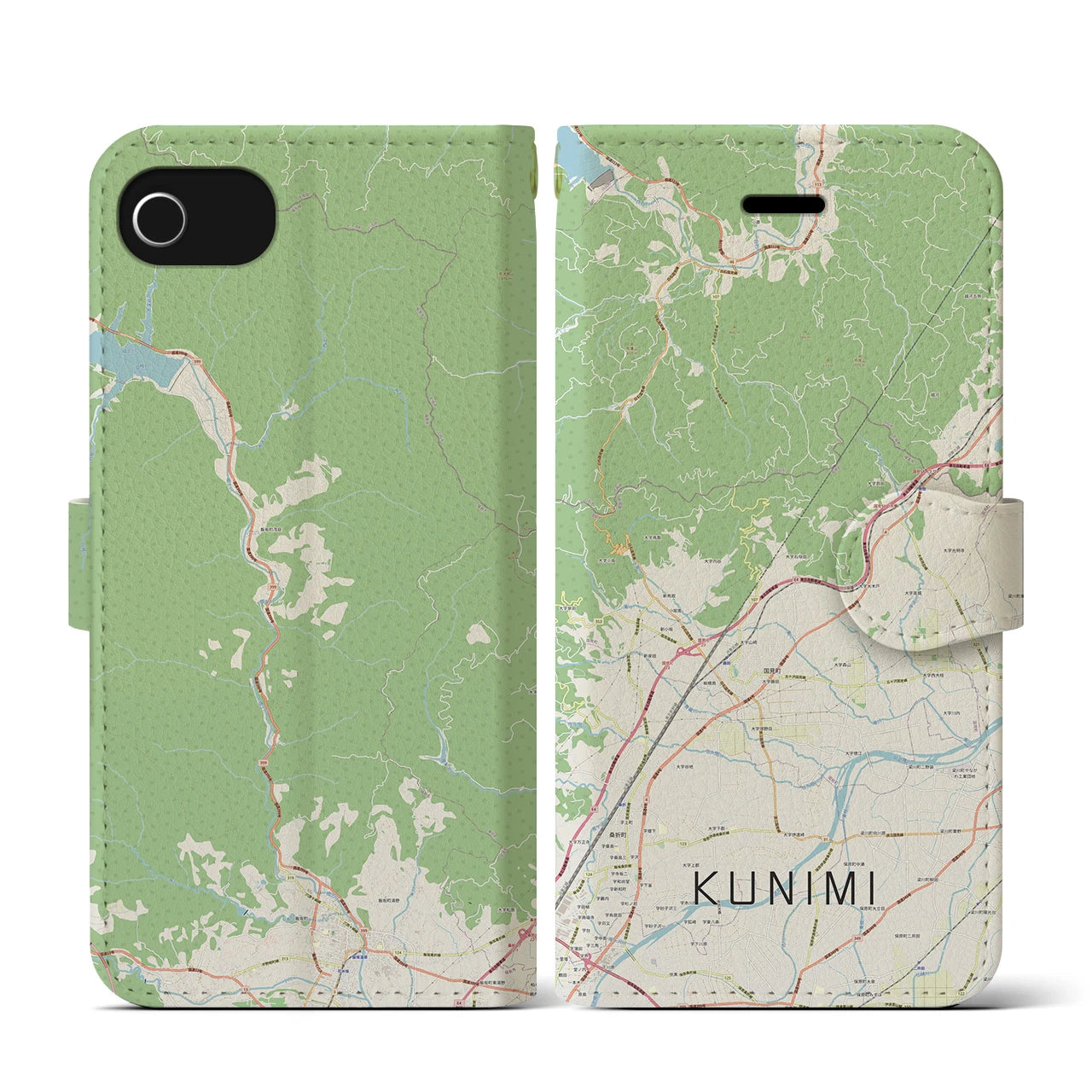 【国見(福島県)】地図柄iPhoneケース(手帳タイプ)ナチュラル・iPhone SE(第3 / 第2世代) / 8 / 7 / 6s / 6 用