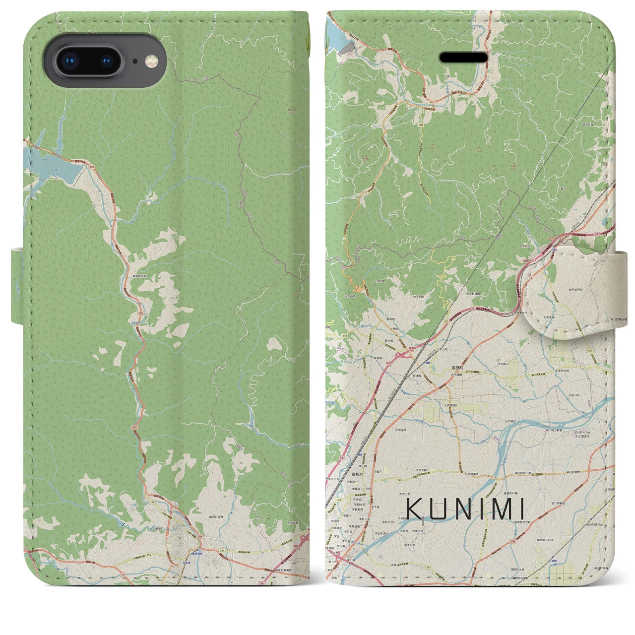 【国見(福島県)】地図柄iPhoneケース(手帳タイプ)ナチュラル・iPhone 8Plus /7Plus / 6sPlus / 6Plus 用