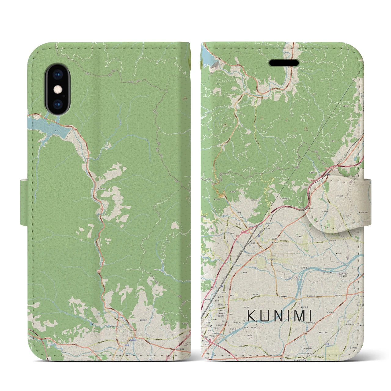 【国見(福島県)】地図柄iPhoneケース(手帳タイプ)ナチュラル・iPhone XS / X 用