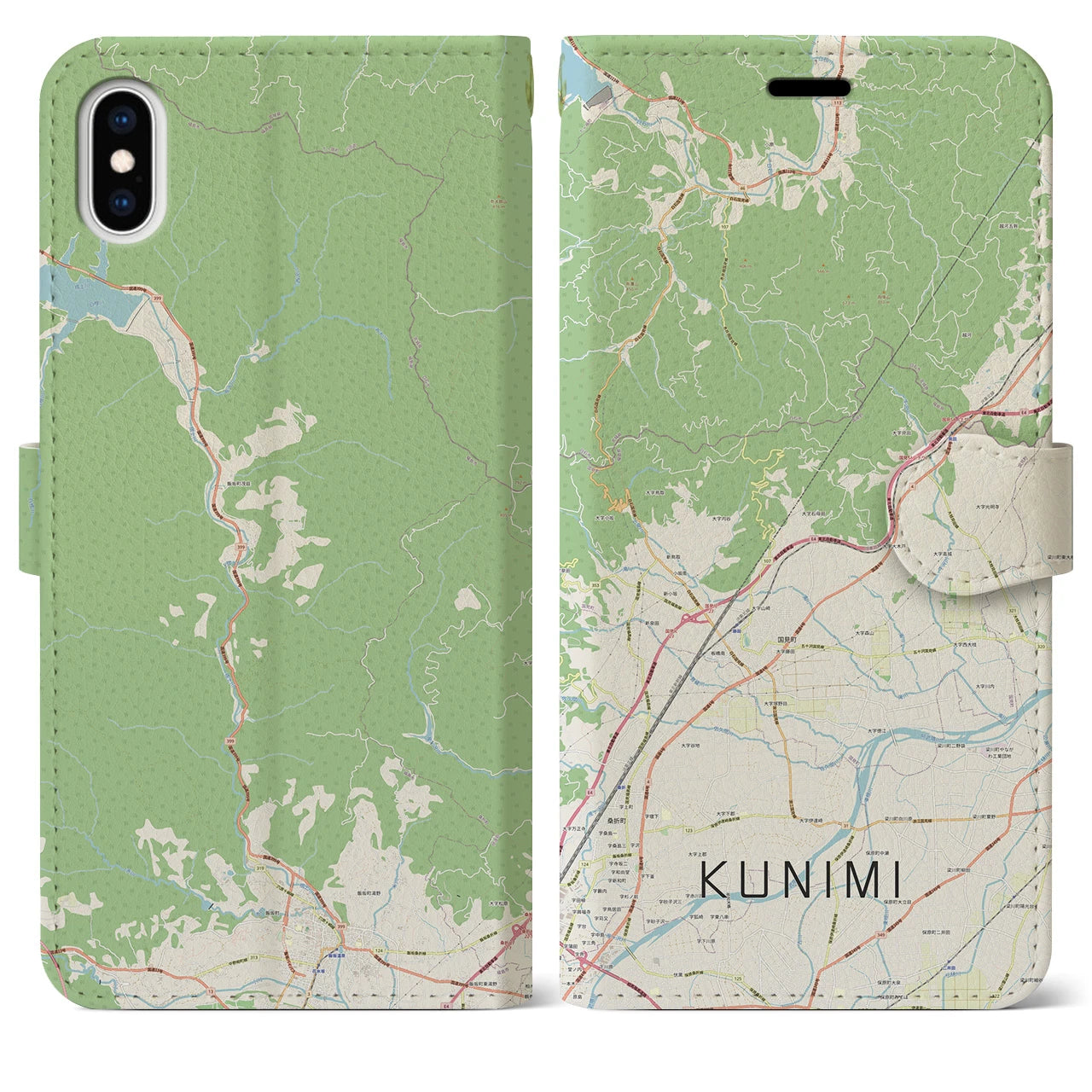【国見(福島県)】地図柄iPhoneケース(手帳タイプ)ナチュラル・iPhone XS Max 用